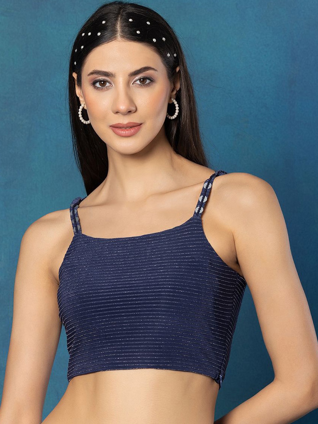 

Rang by Indya Embellished Round-Neck Saree Blouse, Blue