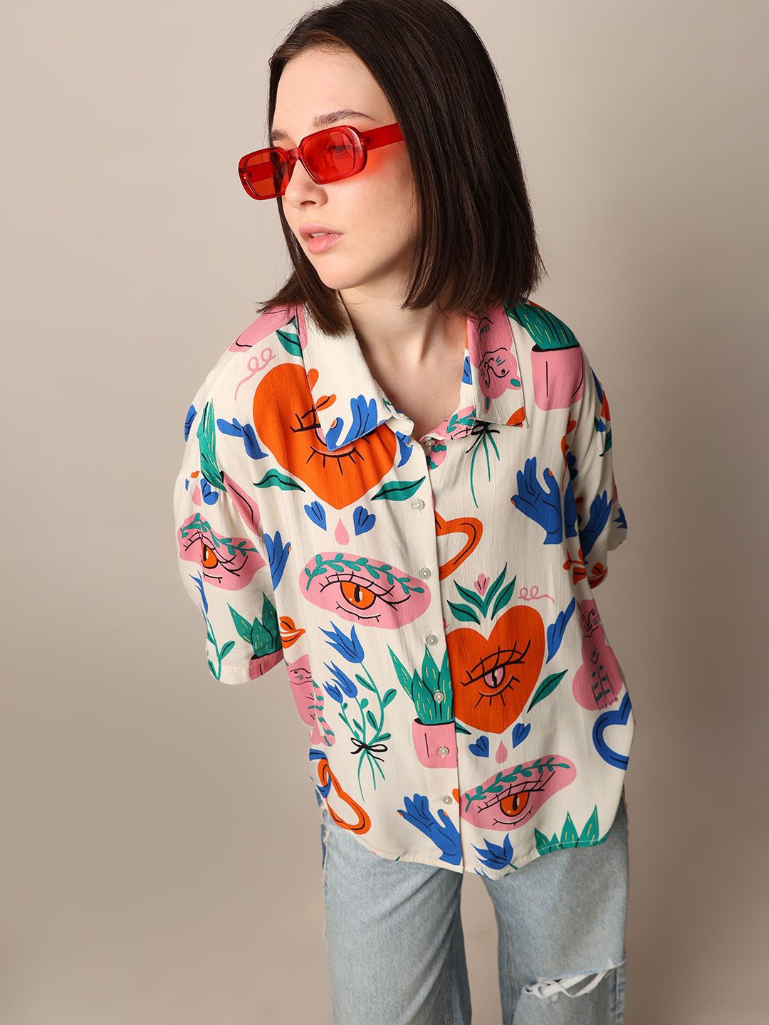 

ONLY Women Floral Printed Spread Collar Casual Shirt, White