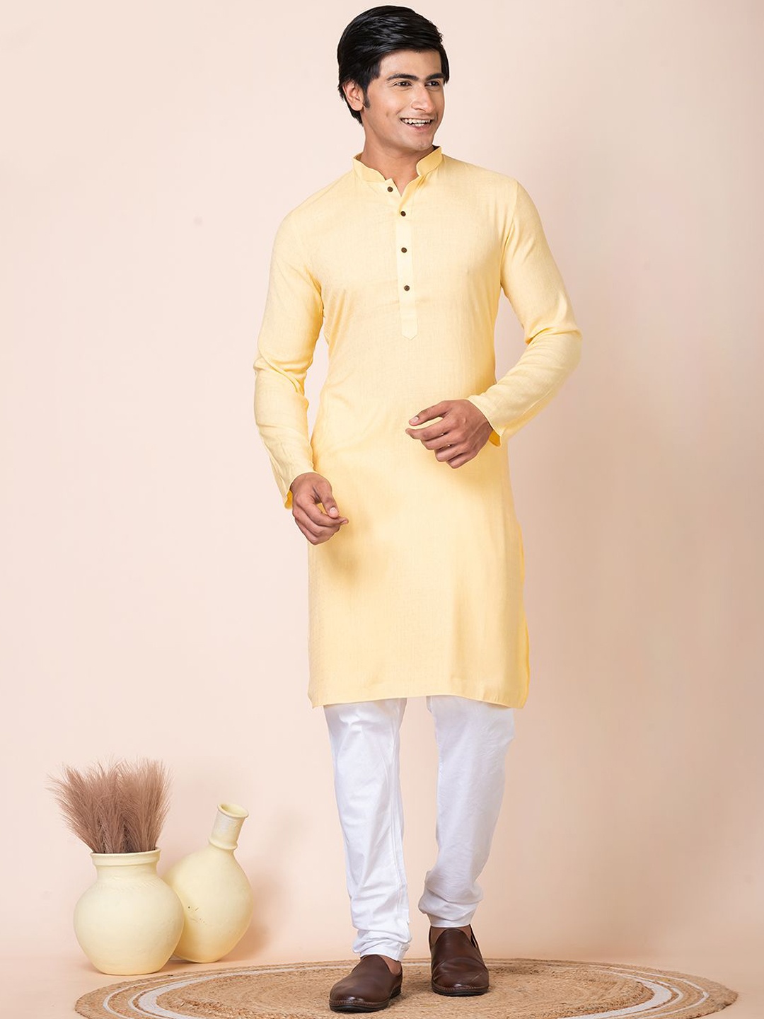 

HU - Handcrafted Uniquely Mandarin Collar Pure Cotton Straight Kurta, Yellow