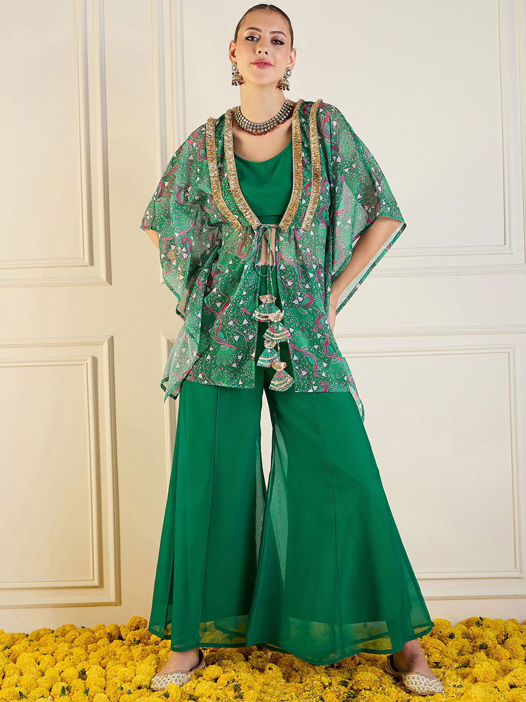 

Shae by SASSAFRAS Top & Palazzos With Printed Cape, Green