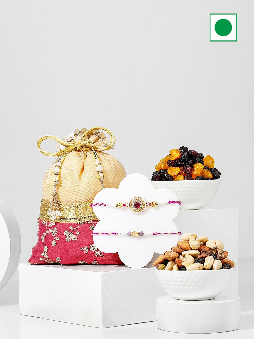 

IGP 5-Pcs Rakhi With Dry Fruits Greeting Card & Roli Chawal, Cream