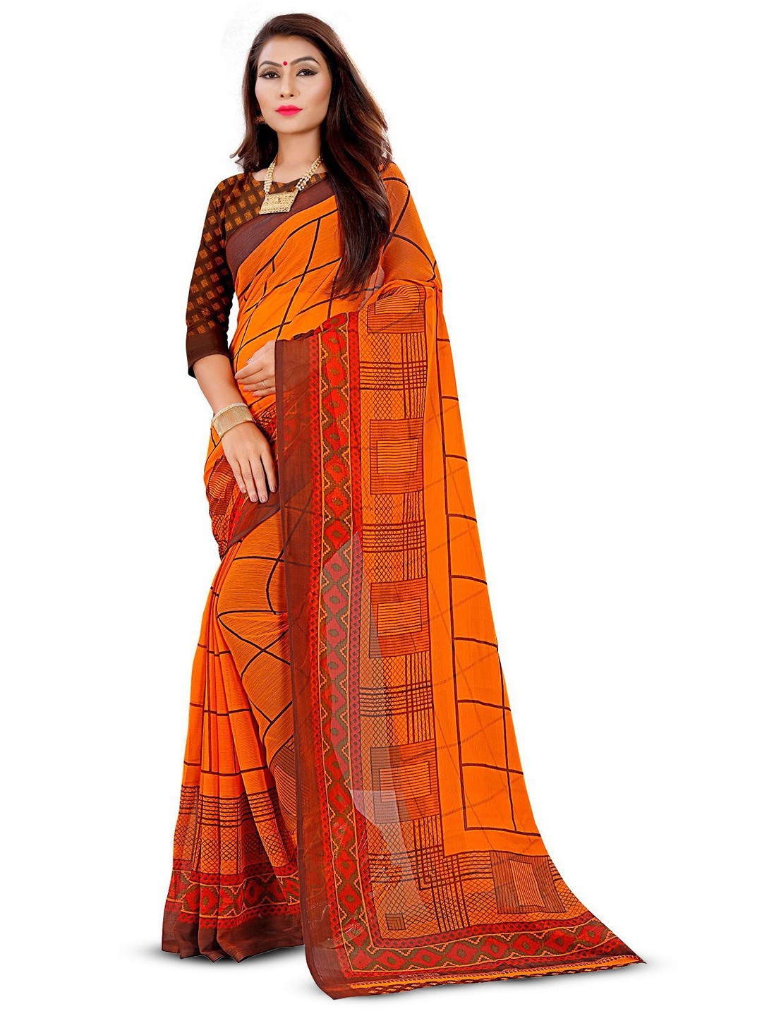 

RUNAYA NX Checked Printed Pure Georgette Saree, Orange