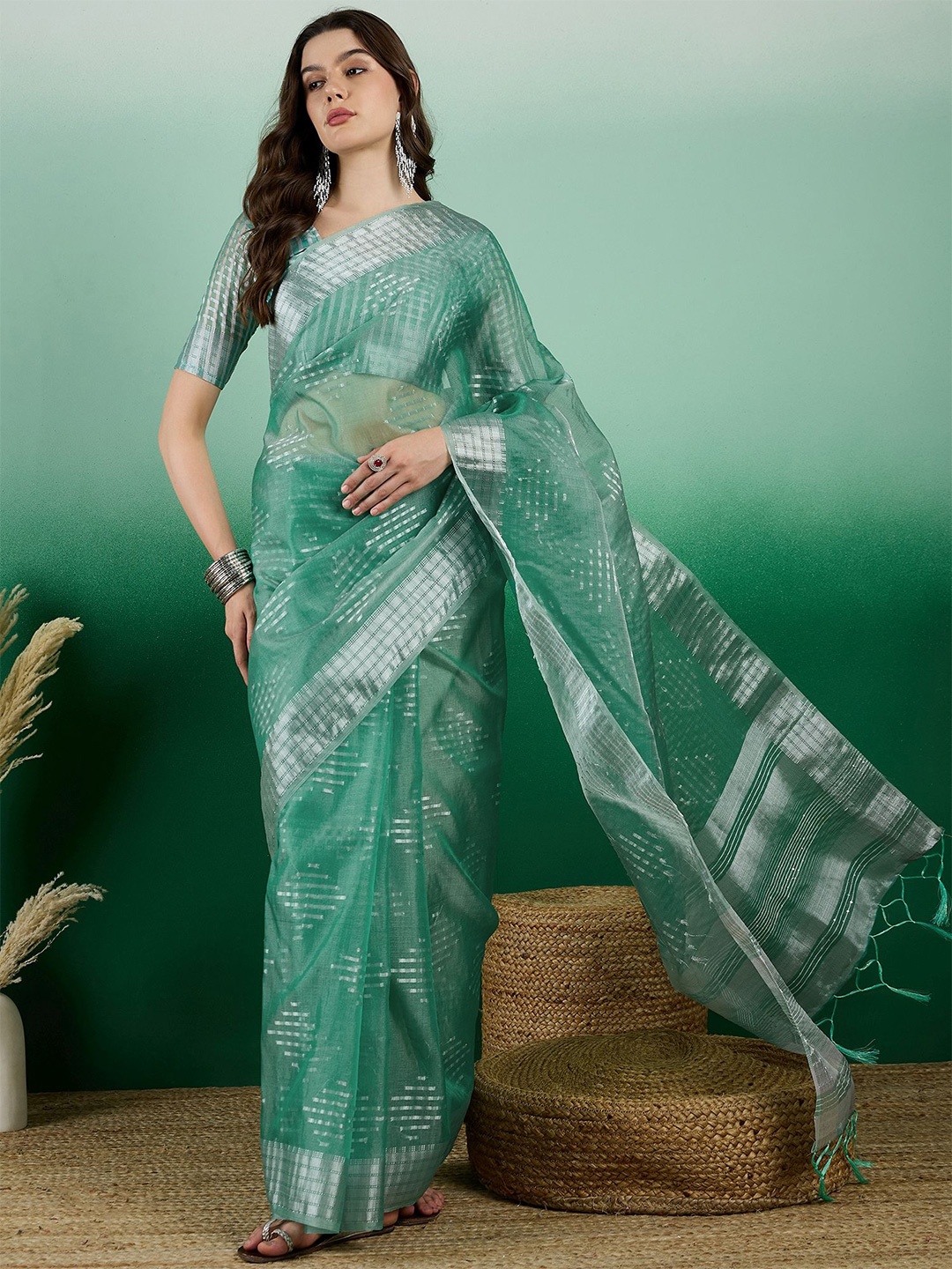 

VIRICA Woven Design Zari Organza Khadi Saree, Sea green