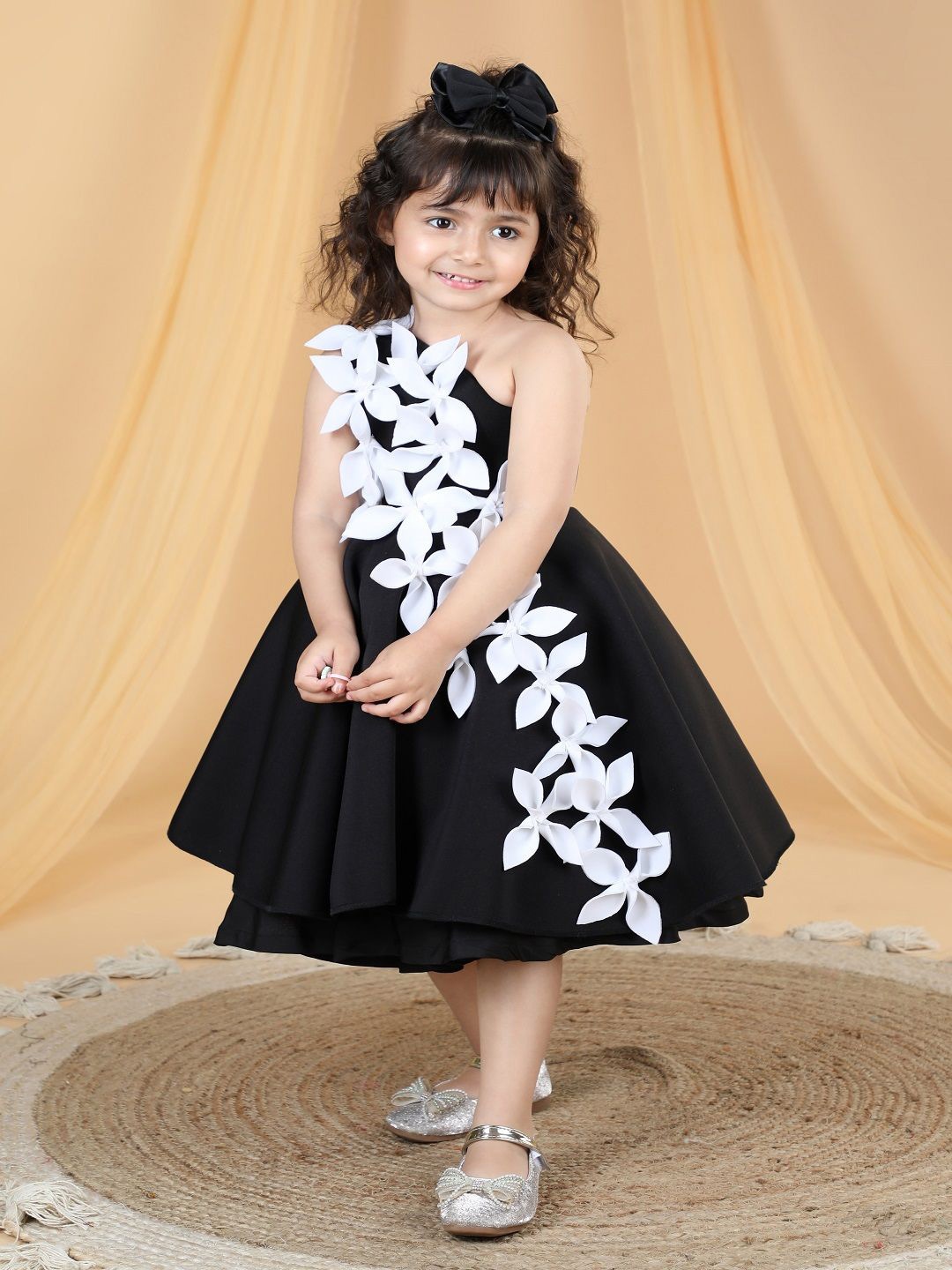 

THE LITTLE CELEBS Girls Floral Printed Scuba Fit & Flare Midi Dress, Black