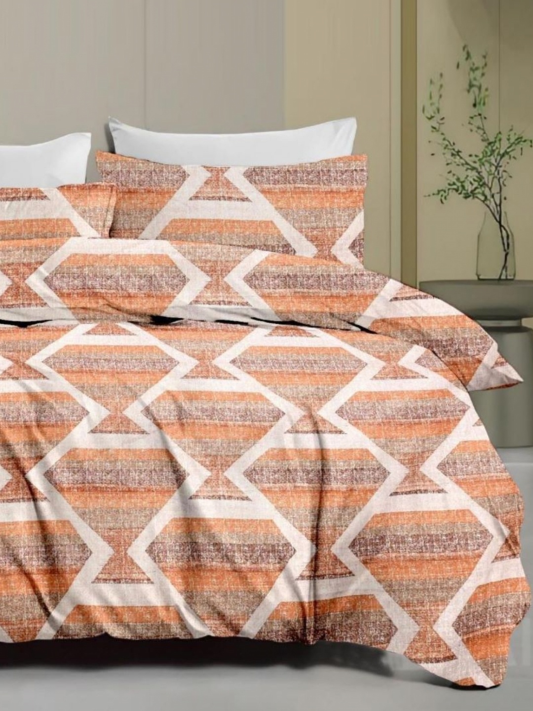 

Signature Orange & White Geometric 160 TC Queen Bedsheet with 2 Pillow Covers