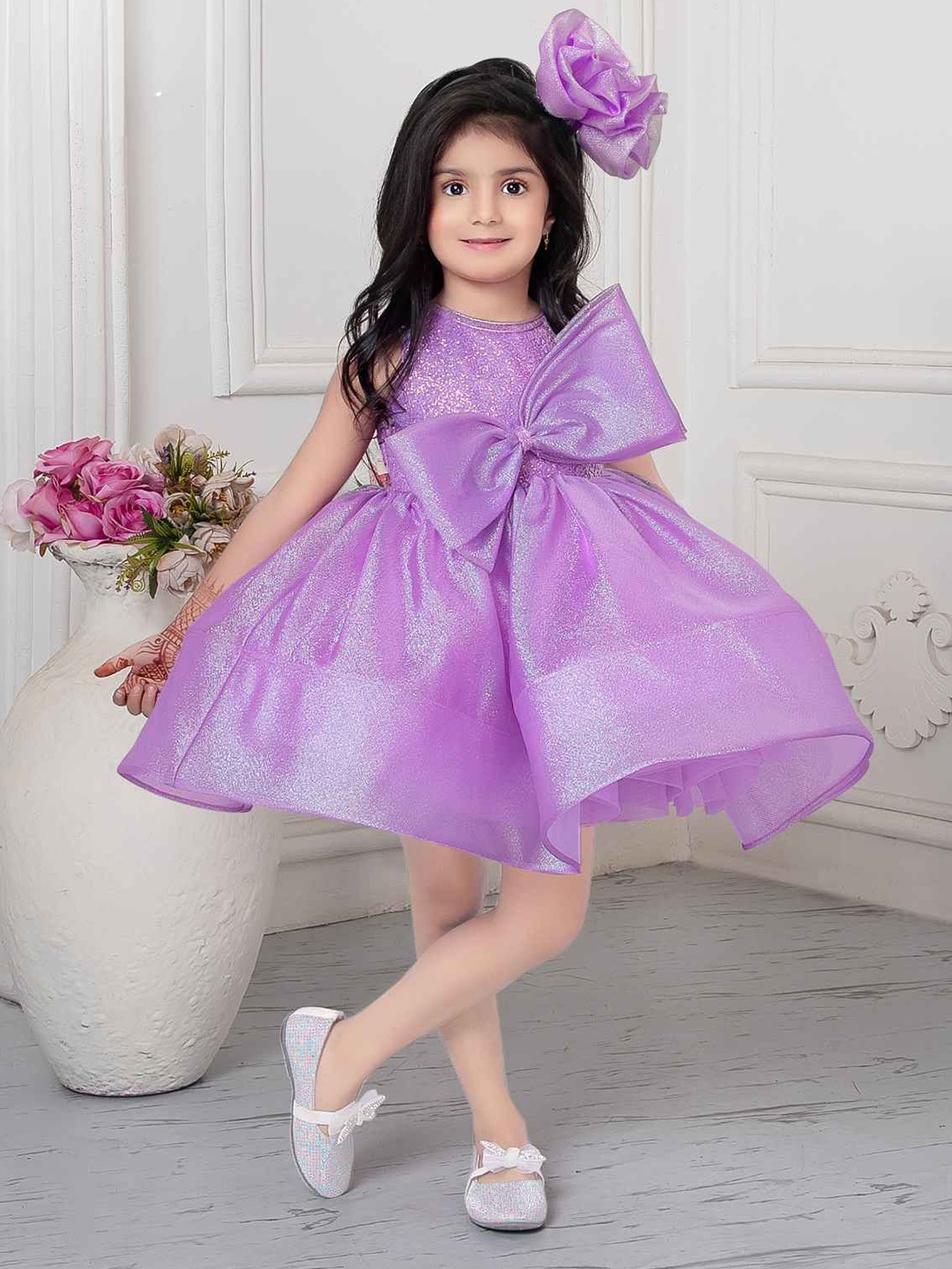 

Lagorii Girls Round Neck Organza Fit & Flare Bow Dress, Lavender