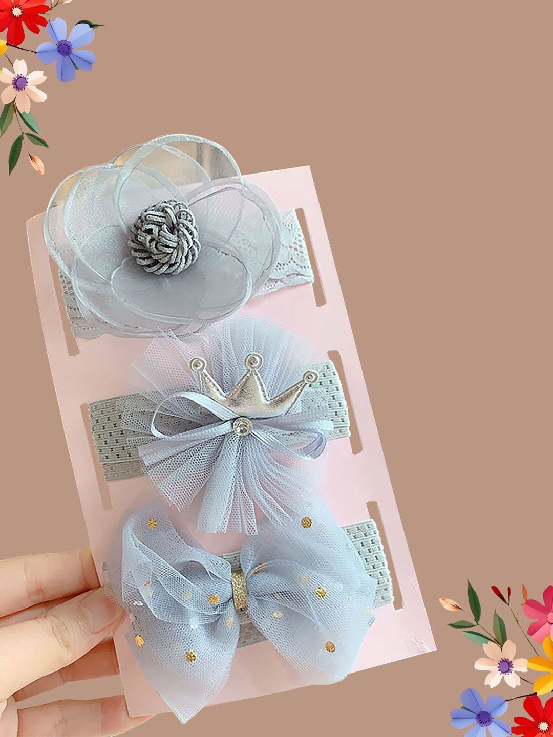 

SYGA Girls Pack of 3 Flower Bow Bandana Headband, Grey