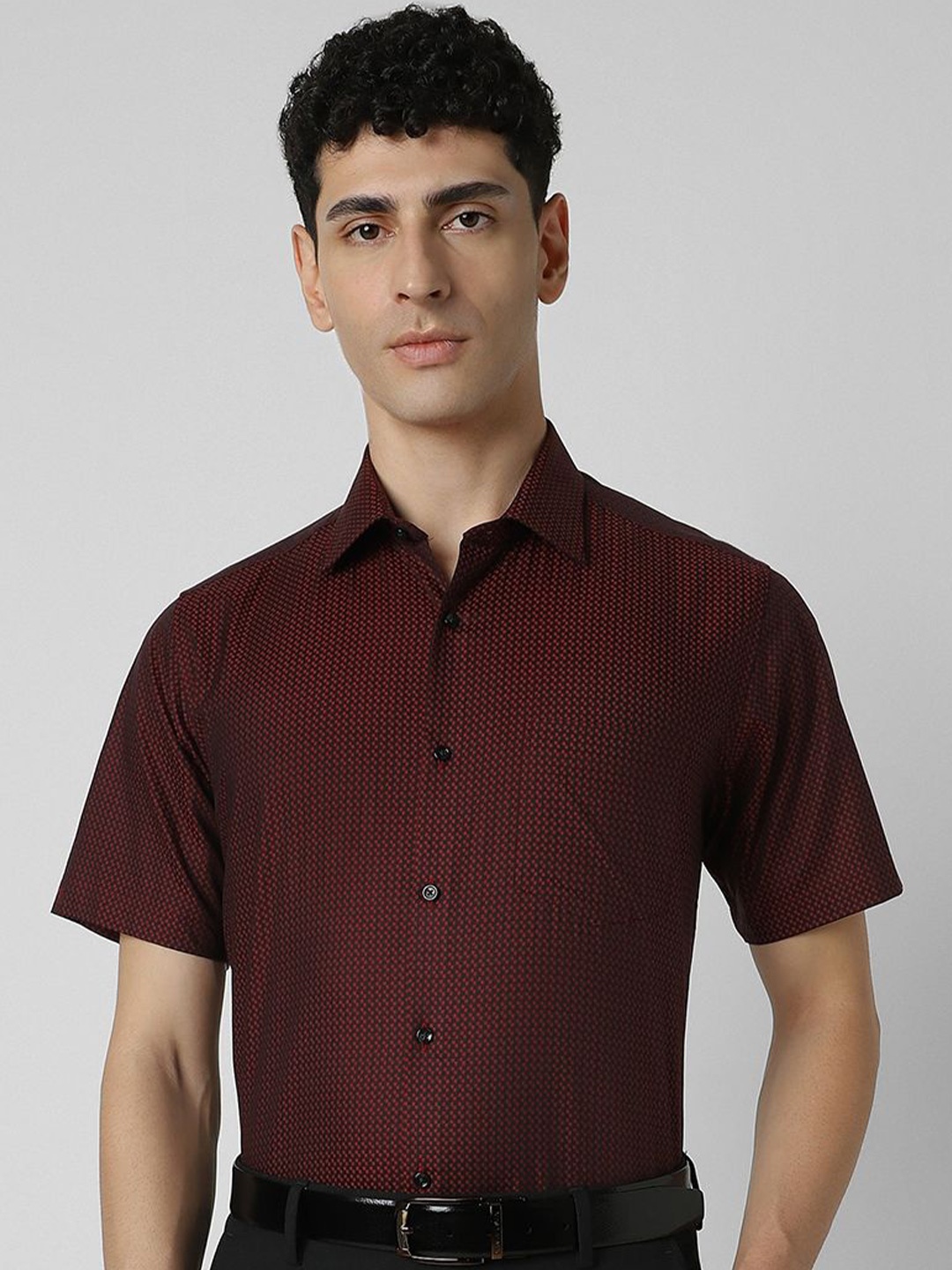 

Van Heusen Men Spread Collar Micro Ditsy Printed Cotton Party Shirt, Maroon