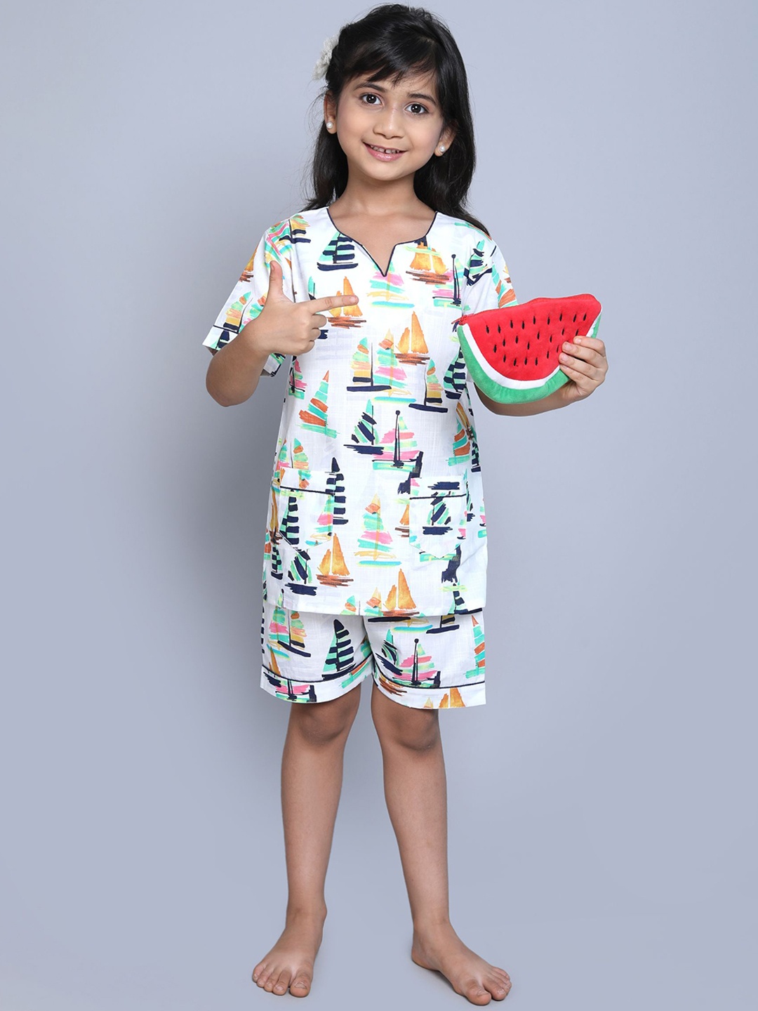 

BAESD Girls Printed Pure Cotton Top and Shorts Night suit, White