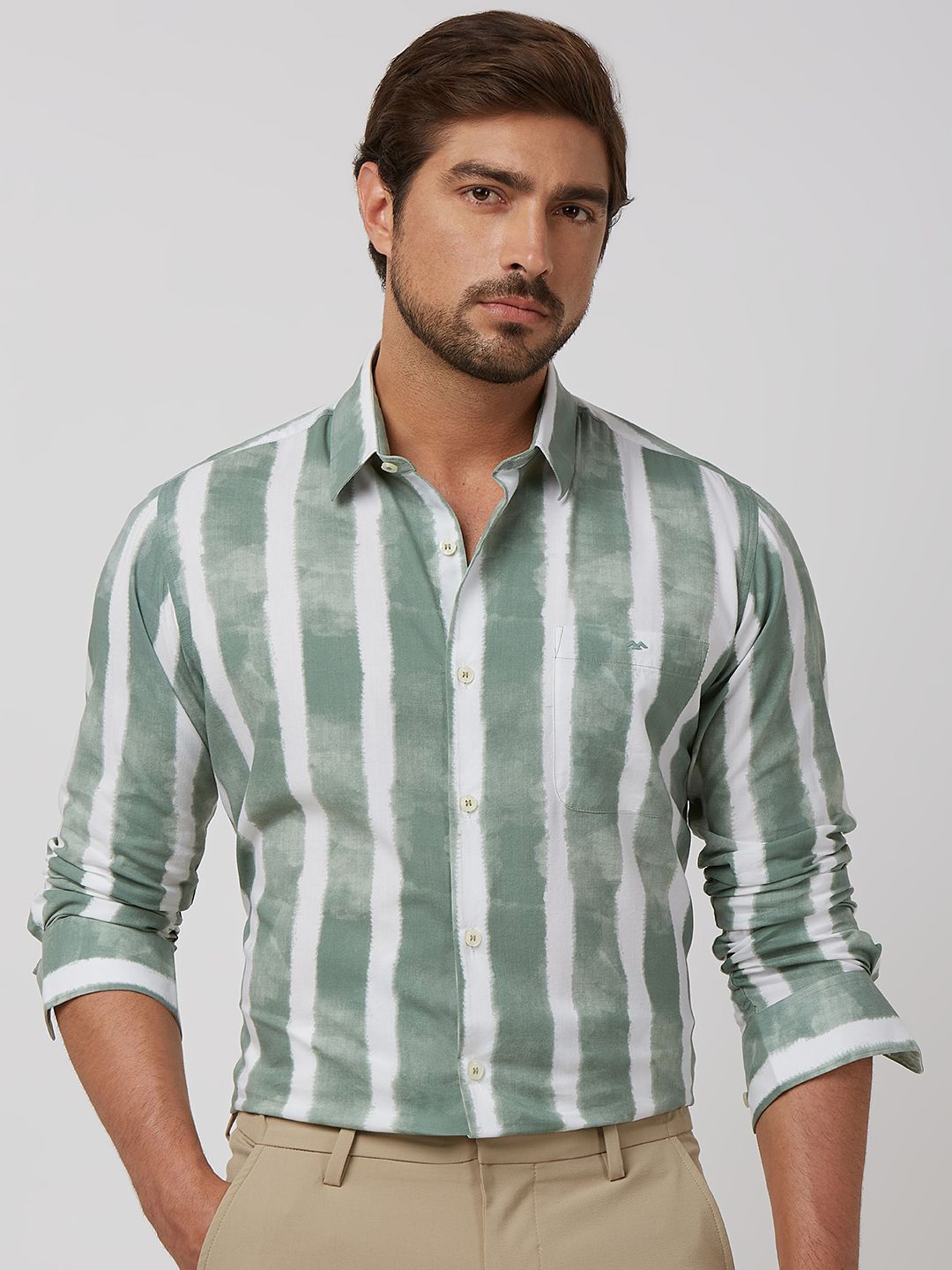 

Mufti Men Spread Collar Striped Cotton Slim Fit Casual Shirt, Green