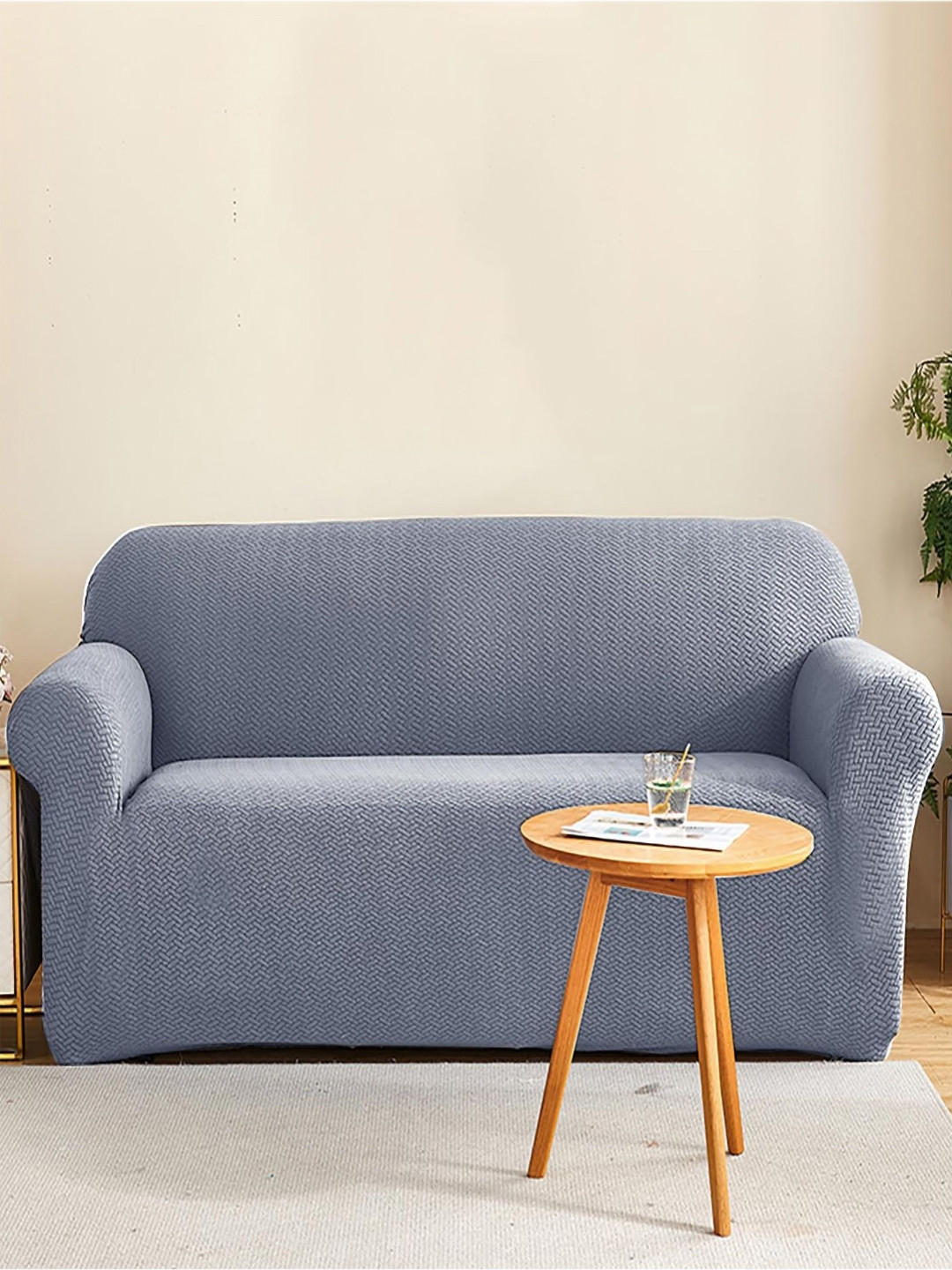 

HOUSE OF QUIRK Blue Self Design Polar Fleece 220 GSM 5 Seater Stretchable Sofa Slipcover