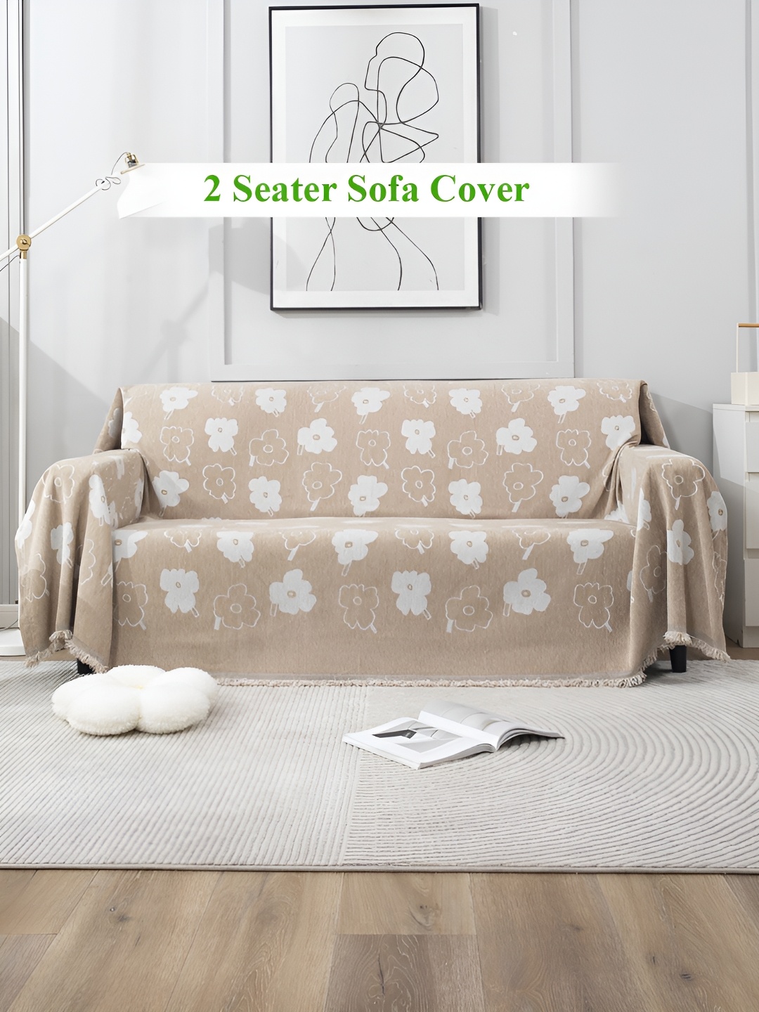 

HOKIPO Beige & White Floral Printed 2 Seater Thick and Soft Sofa Throw