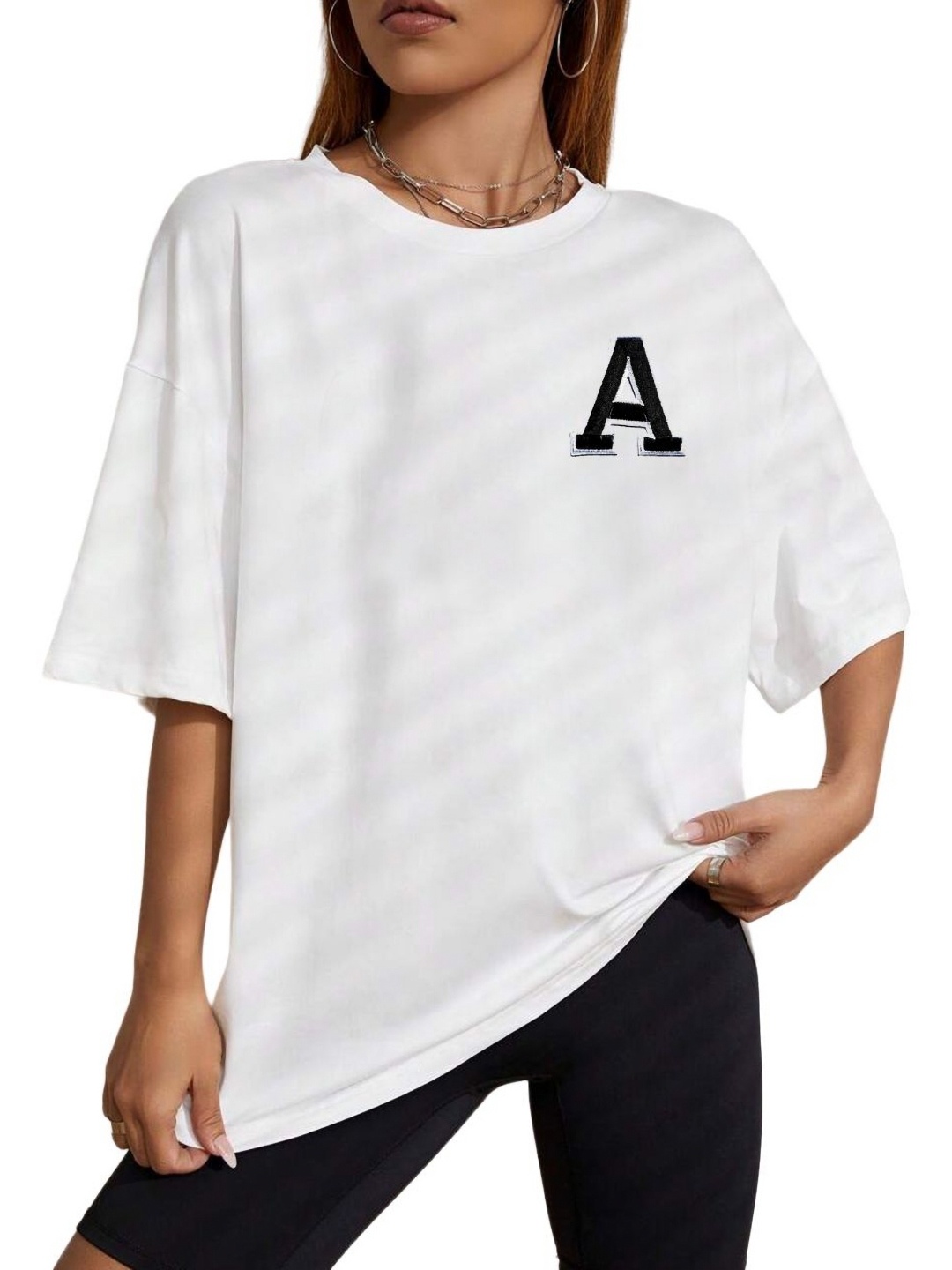 

TABADTOD Women High Neck Drop-Shoulder Sleeves Applique T-shirt, White