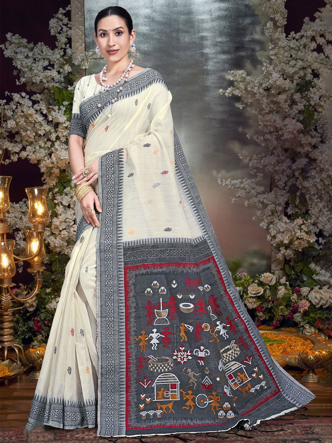 

SANGAM PRINTS Ethnic Motifs Tussar Saree, Cream