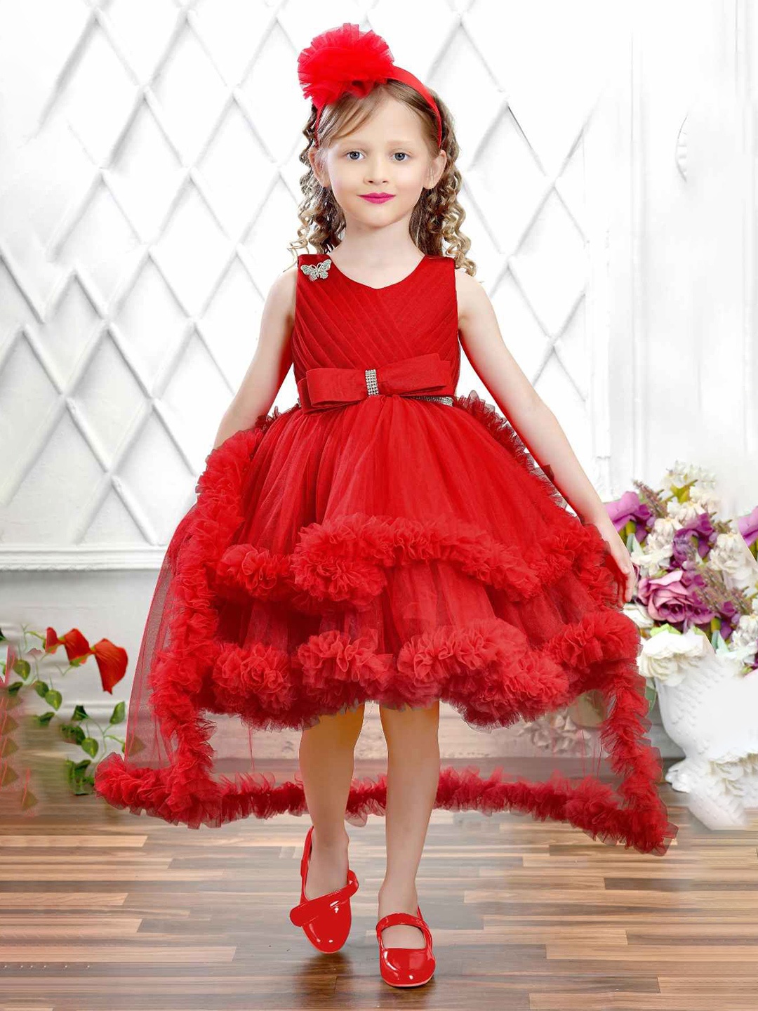 

Lagorii Girls Printed Net Fit & Flare Layered Dress, Red
