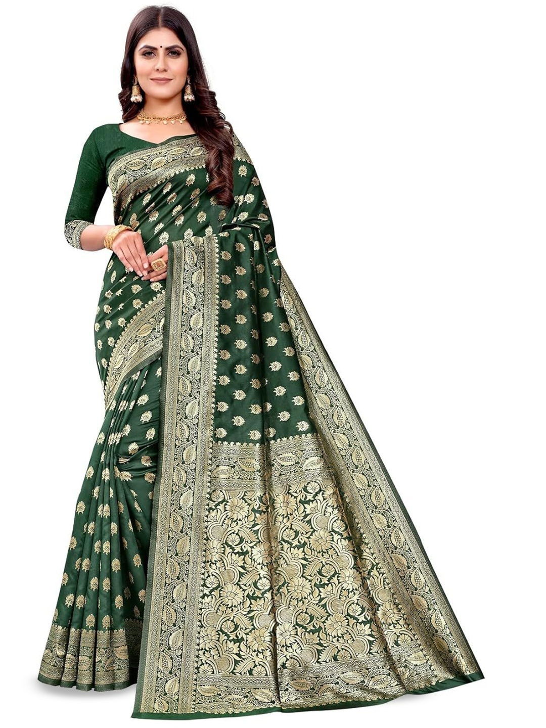 

LEAFFEB Ethnic Motifs Woven Design Zari Pure Silk Banarasi Saree, Green