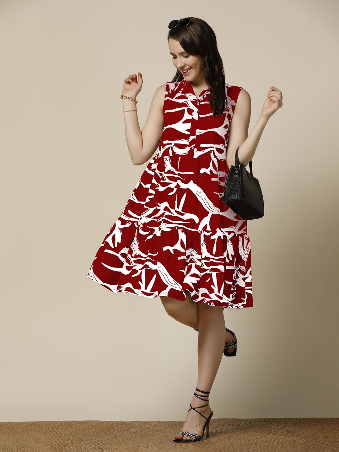 

OMPAX Linen. Printed A-Line Dress, Maroon