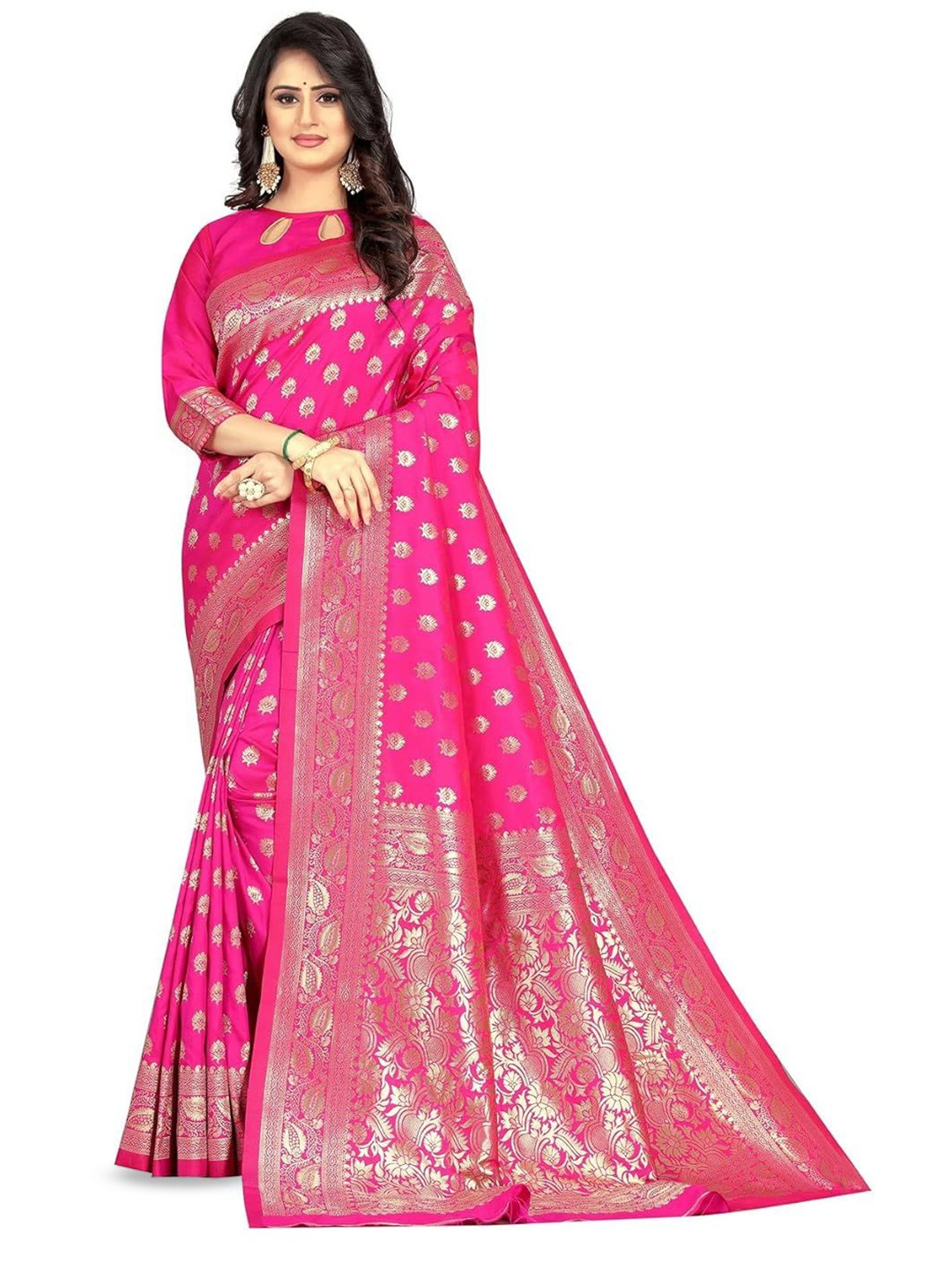 

LEAFFEB Ethnic Motif Zari Woven Pure Silk Banarasi Saree, Pink