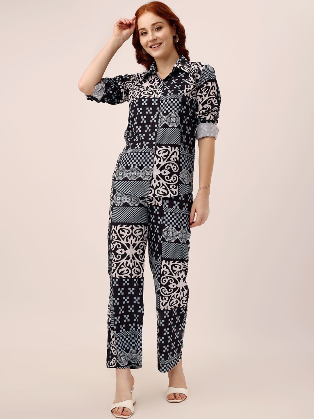 

shriez Printed Shirt With Trousers, Black