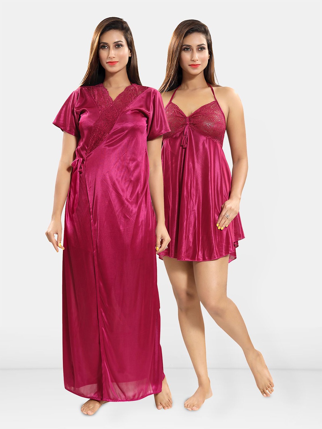 

Be You Set of 2 Satin Maxi Sweat Nightdress, Magenta