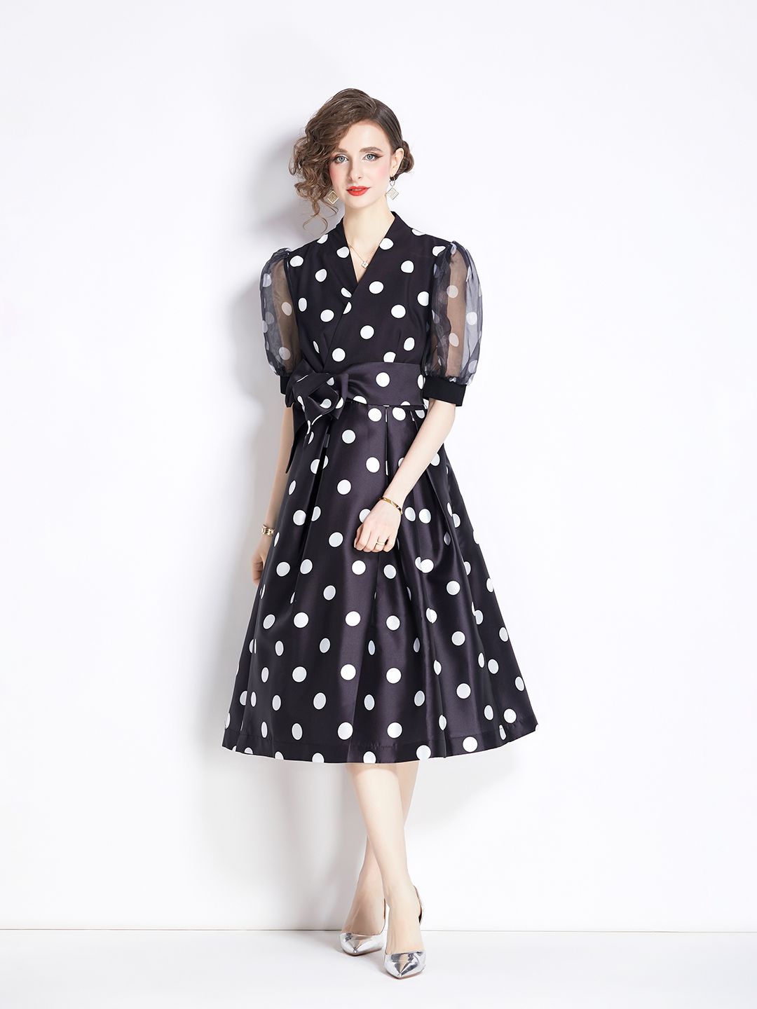 

JC Collection Polka Dot Printed Wrap Midi Dress, Black