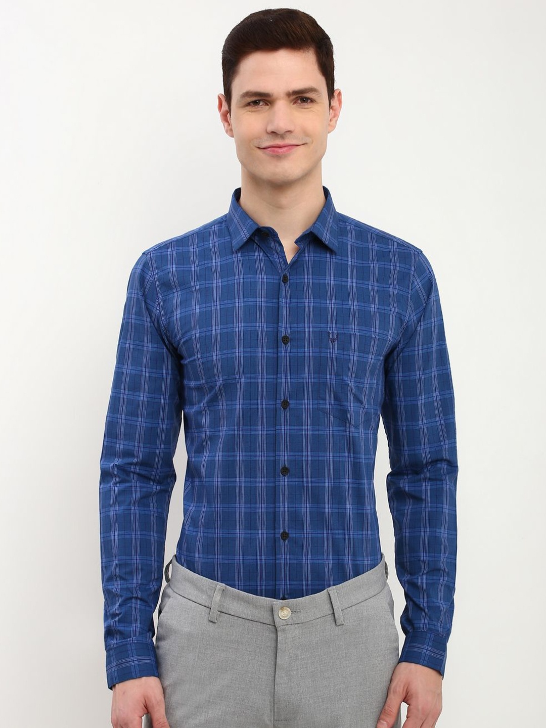 

Allen Solly Men Spread Collar Tartan Checked Cotton Slim Fit Formal Shirt, Blue