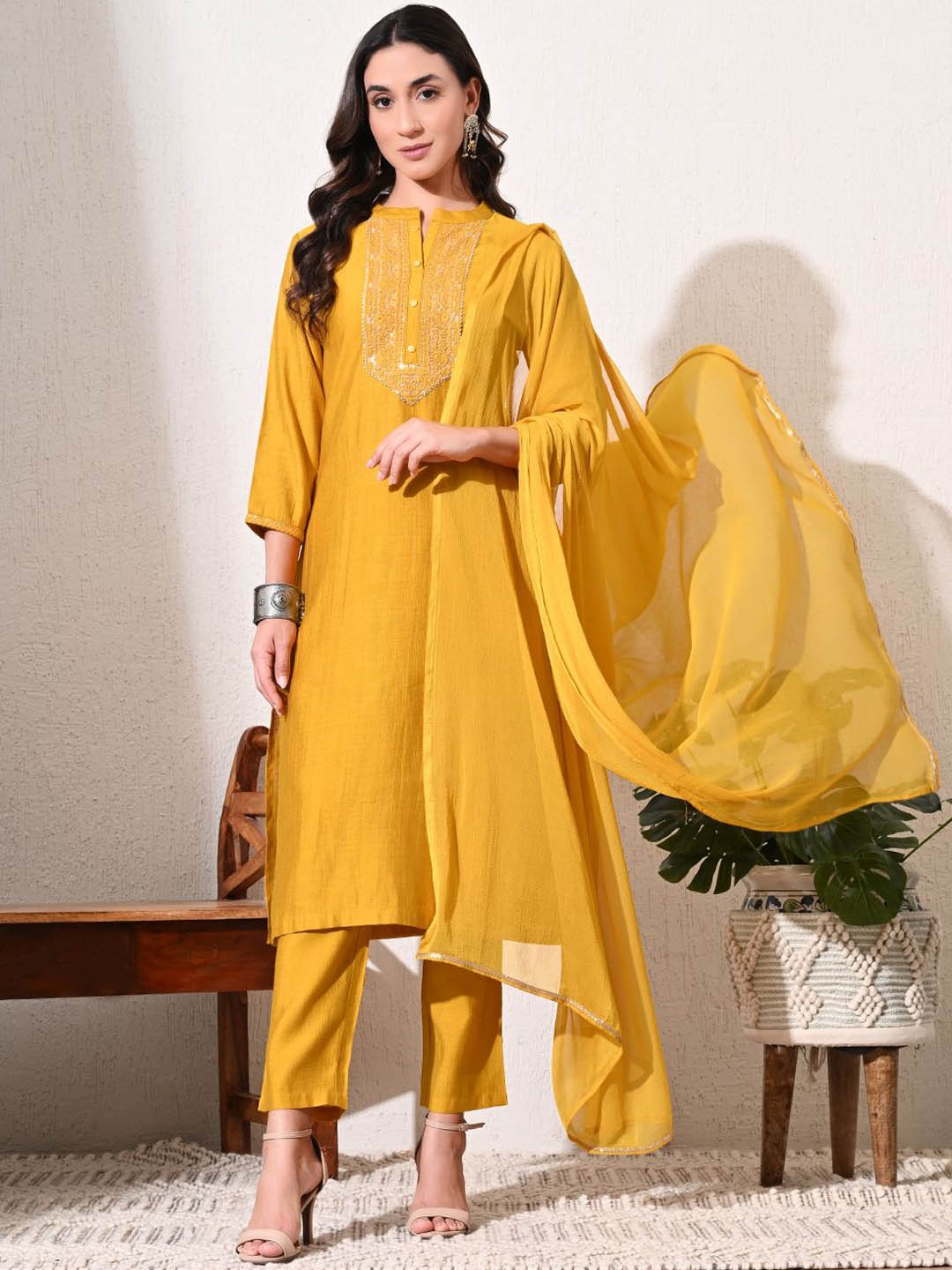 

MEESAN Yoke Design Mandarin Collar Chanderi Silk Straight Kurta & Trousers & Dupatta, Mustard