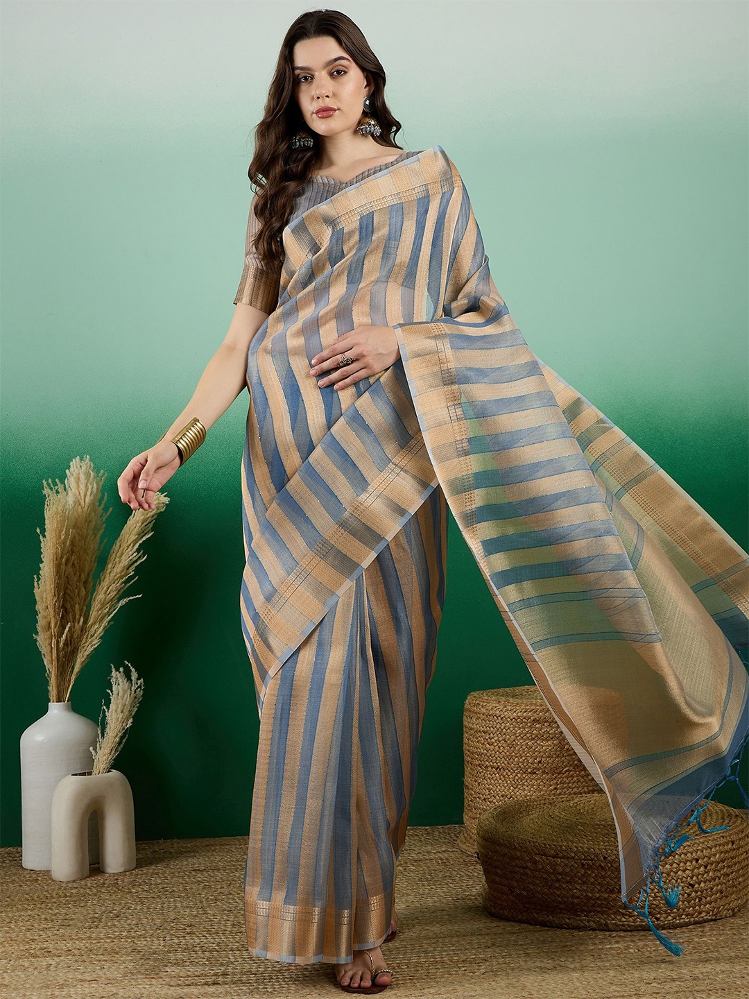 

VIRICA Striped Sequinned Organza Khadi Saree, Teal