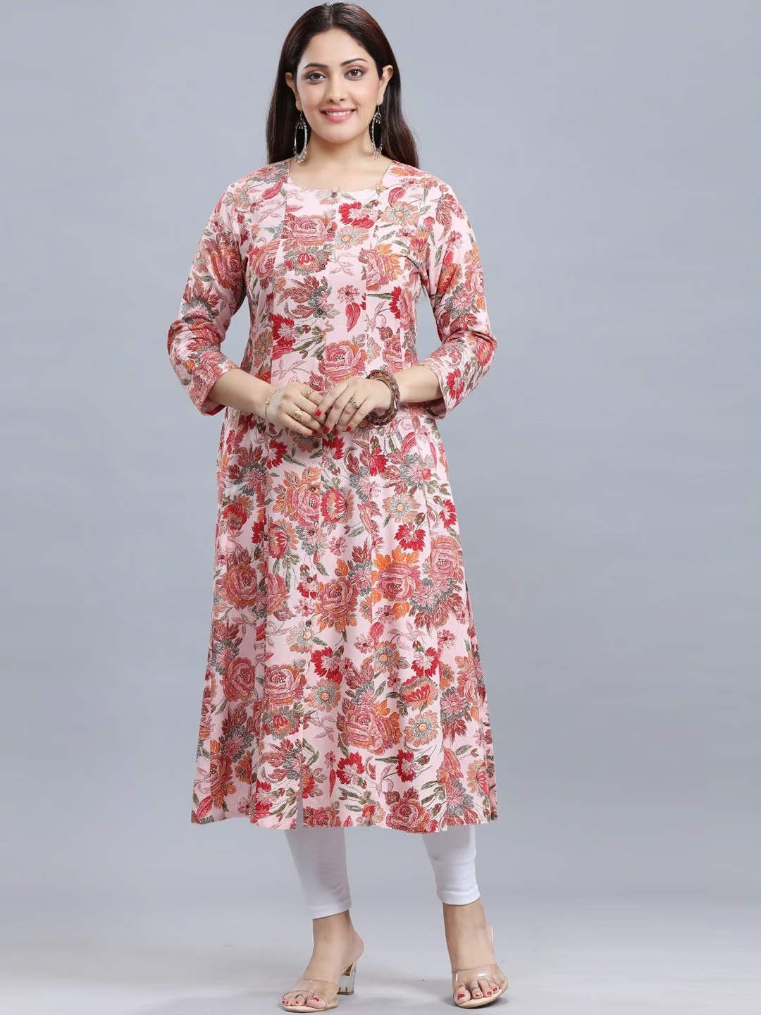 

COTTON CULTURE Floral Printed Round Neck Straight Kurta, Peach