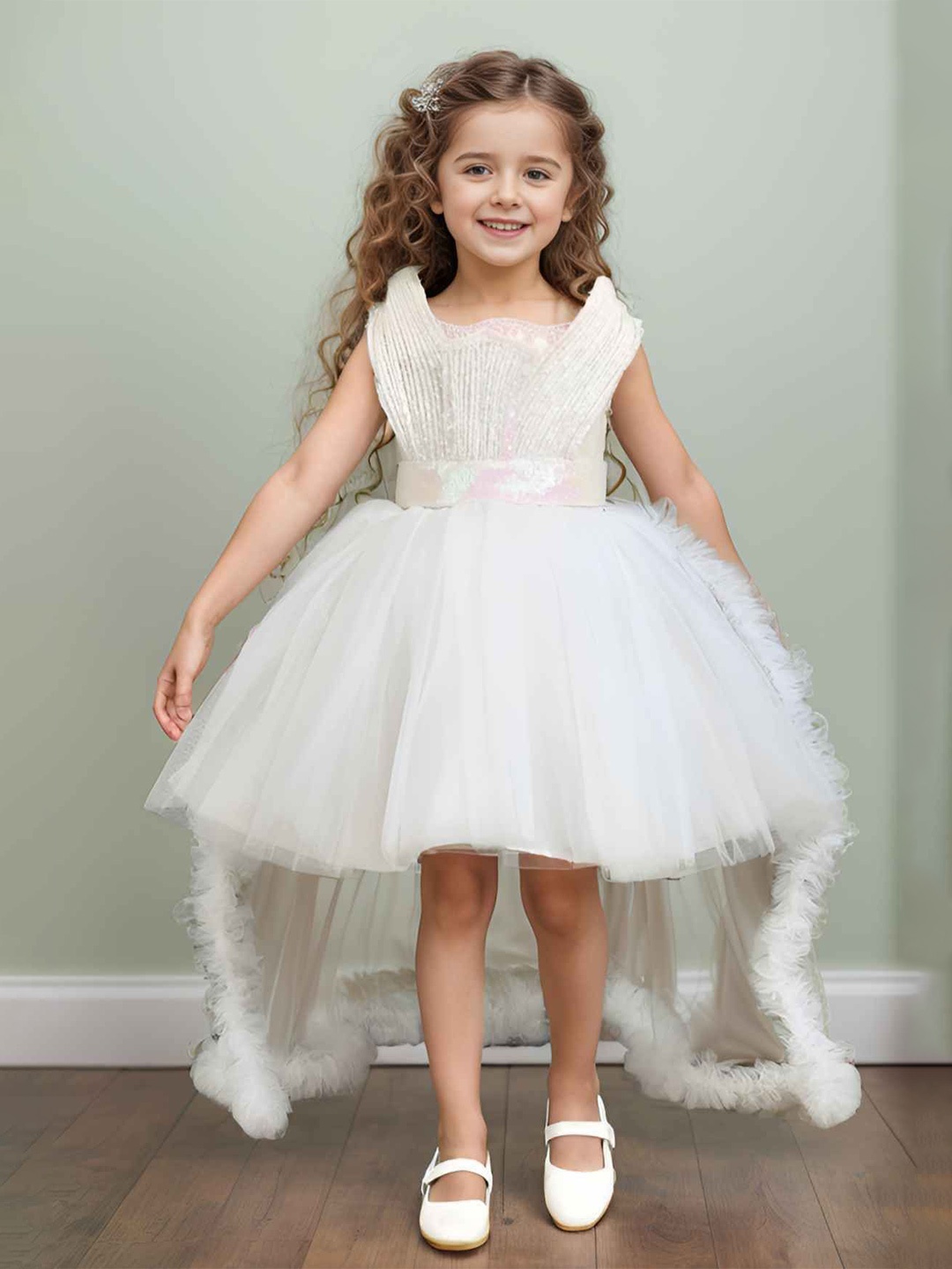 

Lagorii Girls Embellished Net Fit & Flare Dress, White