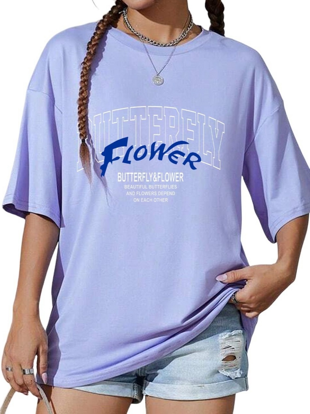 

TABADTOD Women Typography Printed Drop Shoulder Sleeves Oversized T-shirt, Purple