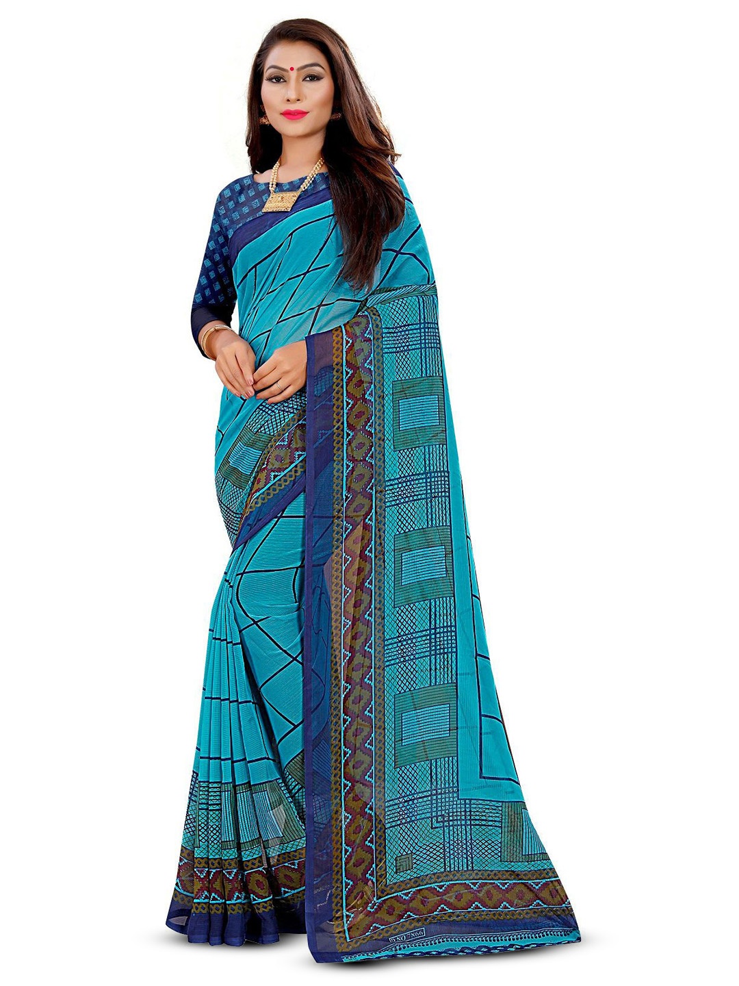 

RUNAYA NX Checked Pure Georgette Saree, Blue
