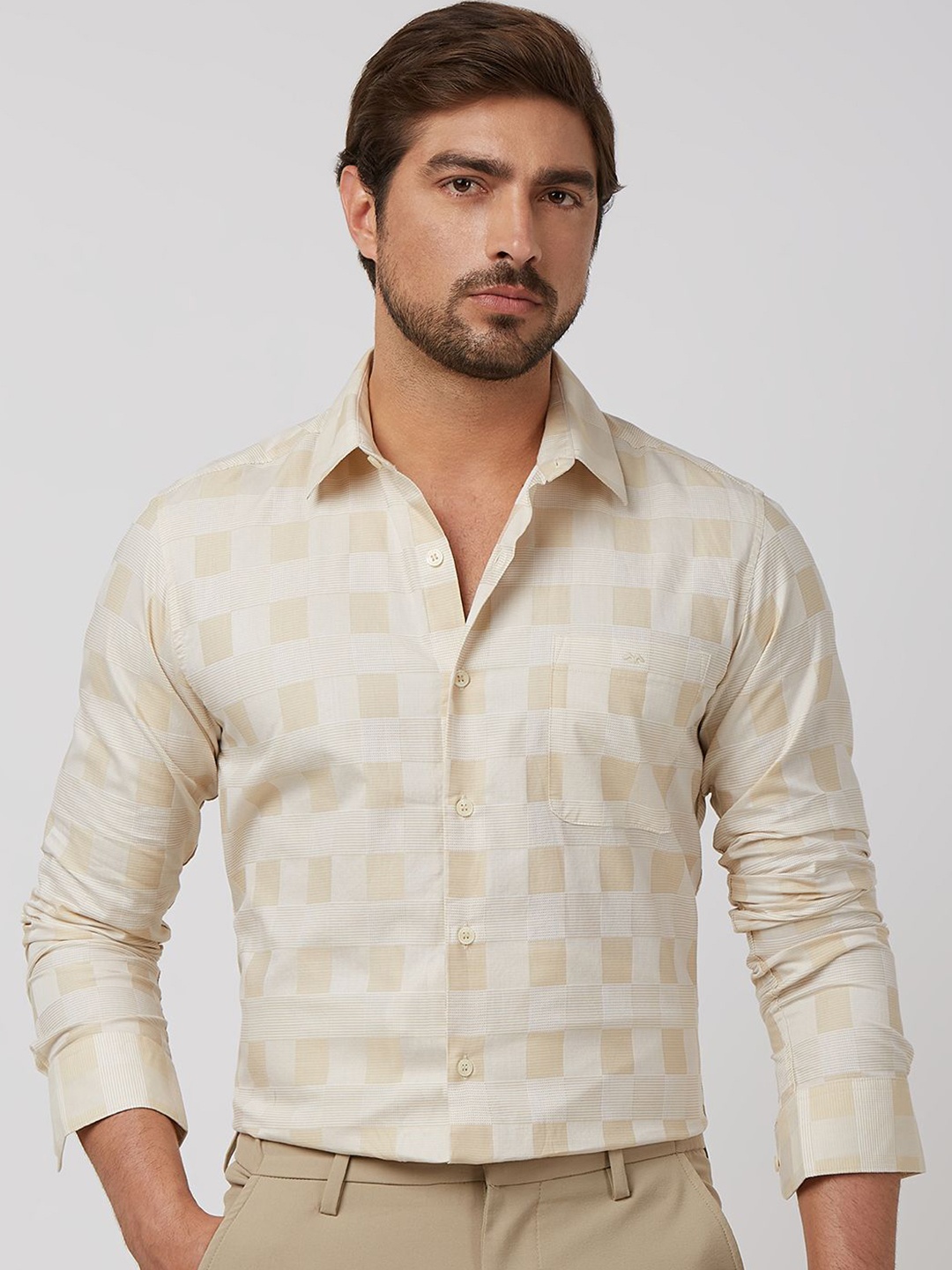 

Mufti Men Spread Collar Checked Cotton Slim Fit Casual Shirt, Beige