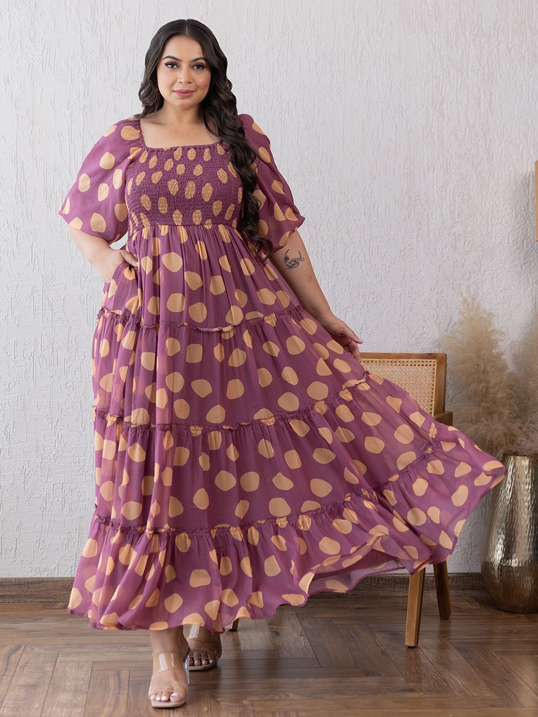 

Polago Clothing Polka Dots Printed Georgette Empire Maxi Dress, Purple