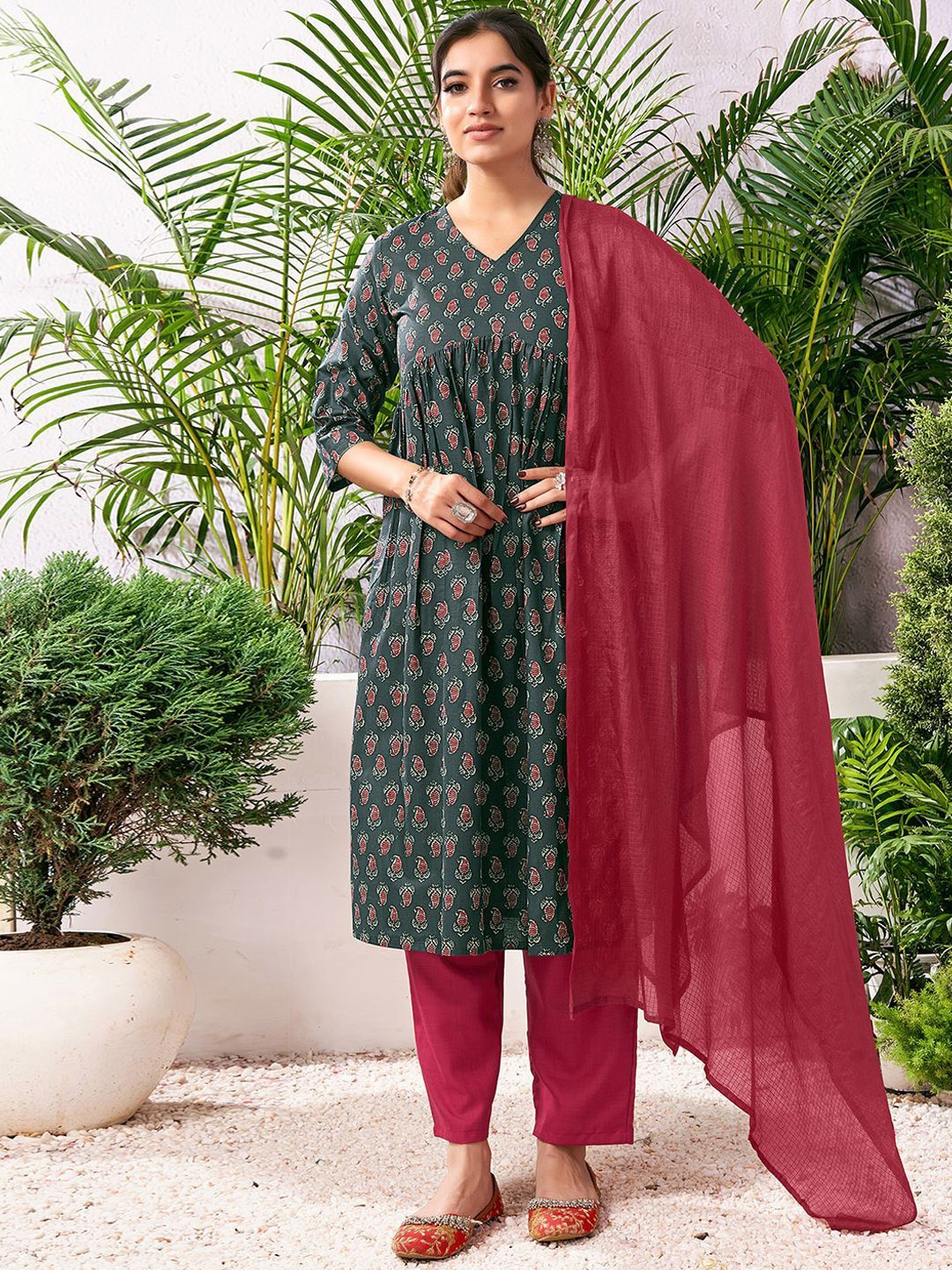 

KALINI Floral Printed Pure Cotton Straight Kurta With Trouser & Dupatta, Maroon