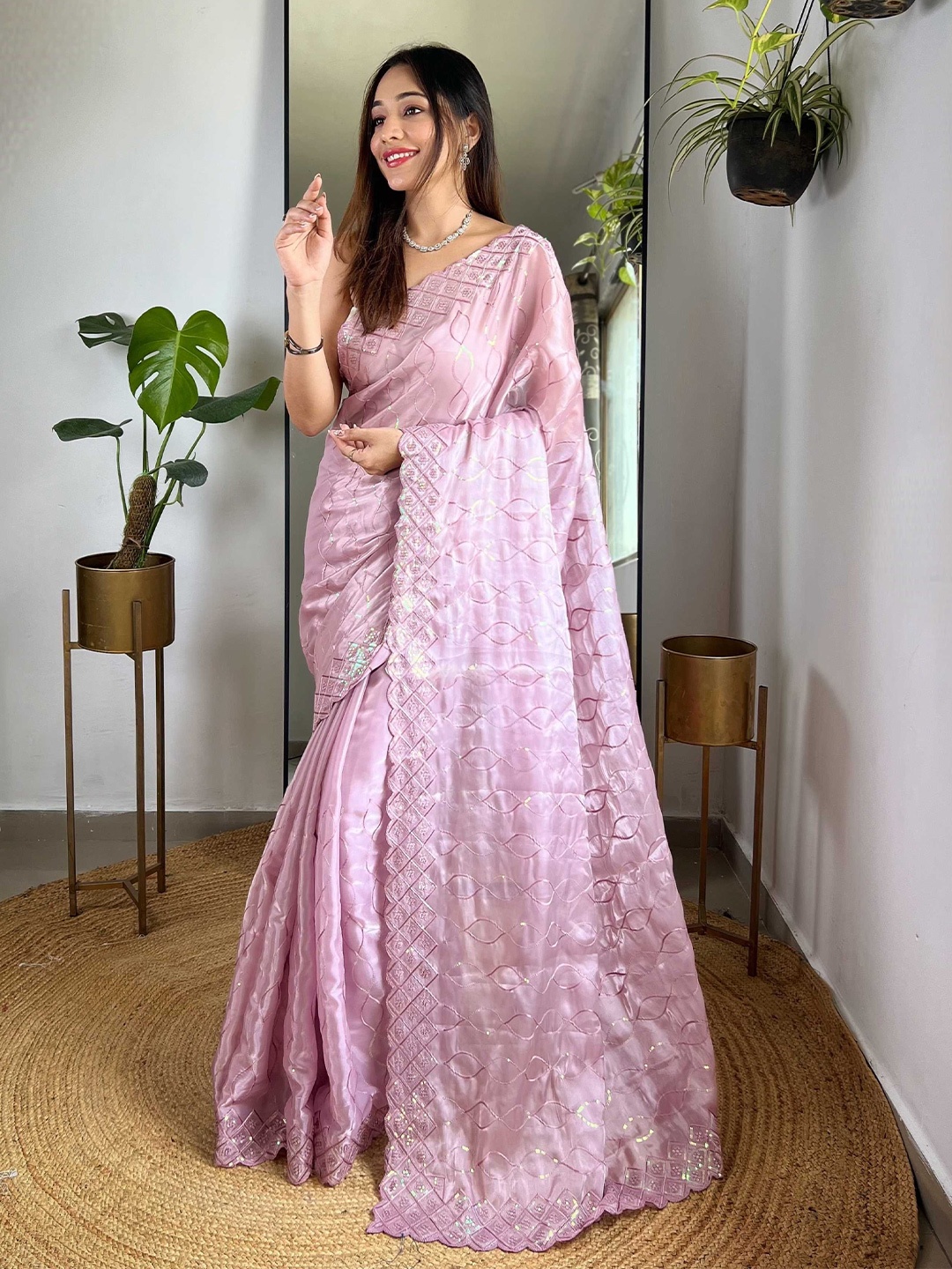 

Mitera Embellished Sequinned Saree, Pink