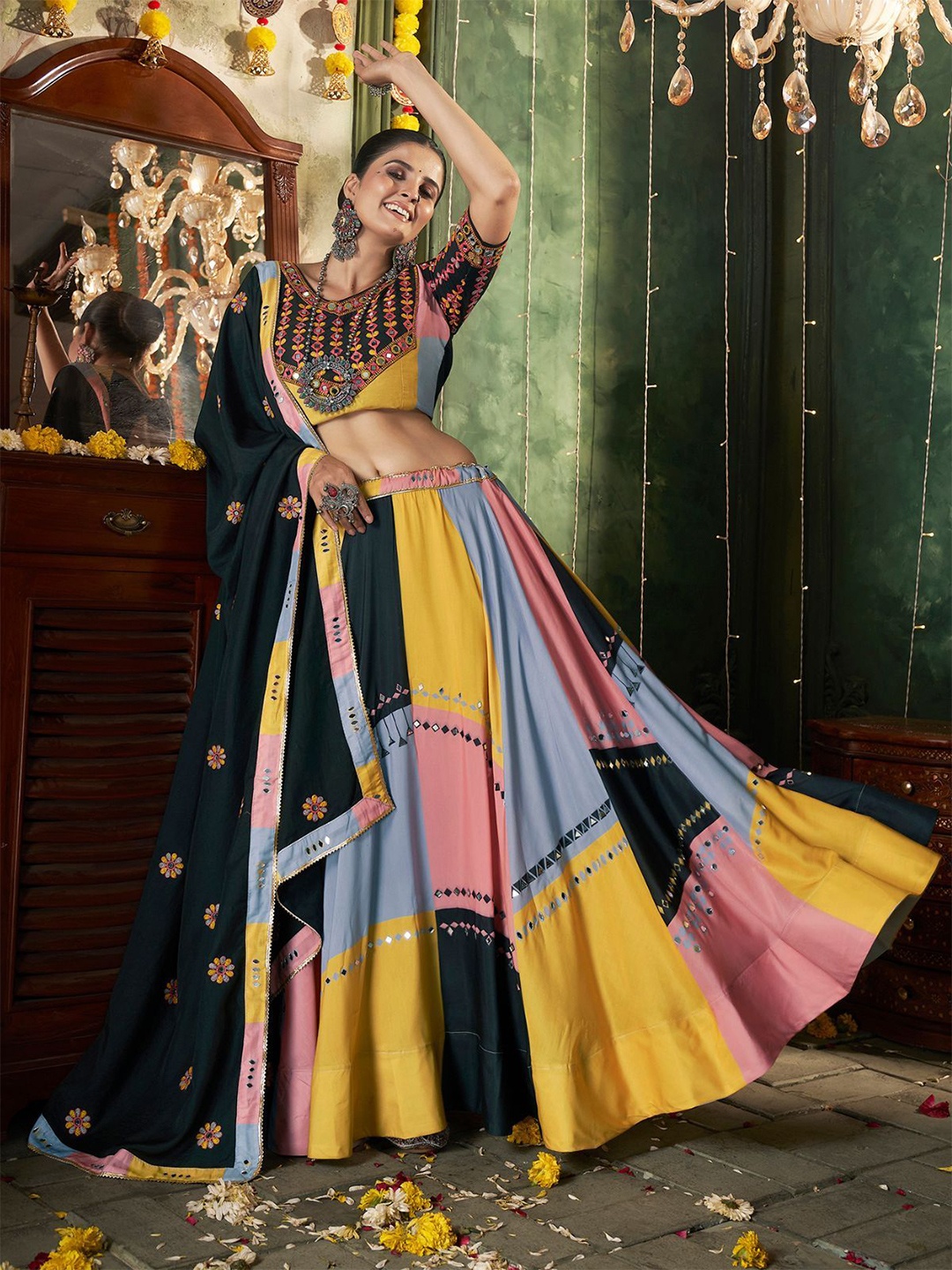 

ODETTE Embellished Mirror Work Ready to Wear Lehenga & Blouse With Dupatta, Yellow
