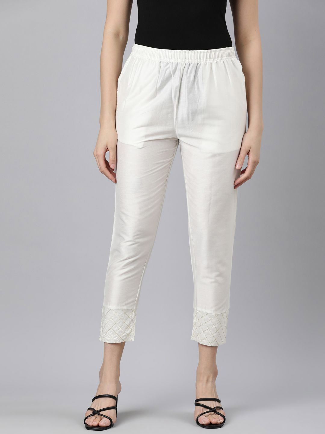 

Twin Birds Women Embroidered Shimmer Straight Fit Trouser, White