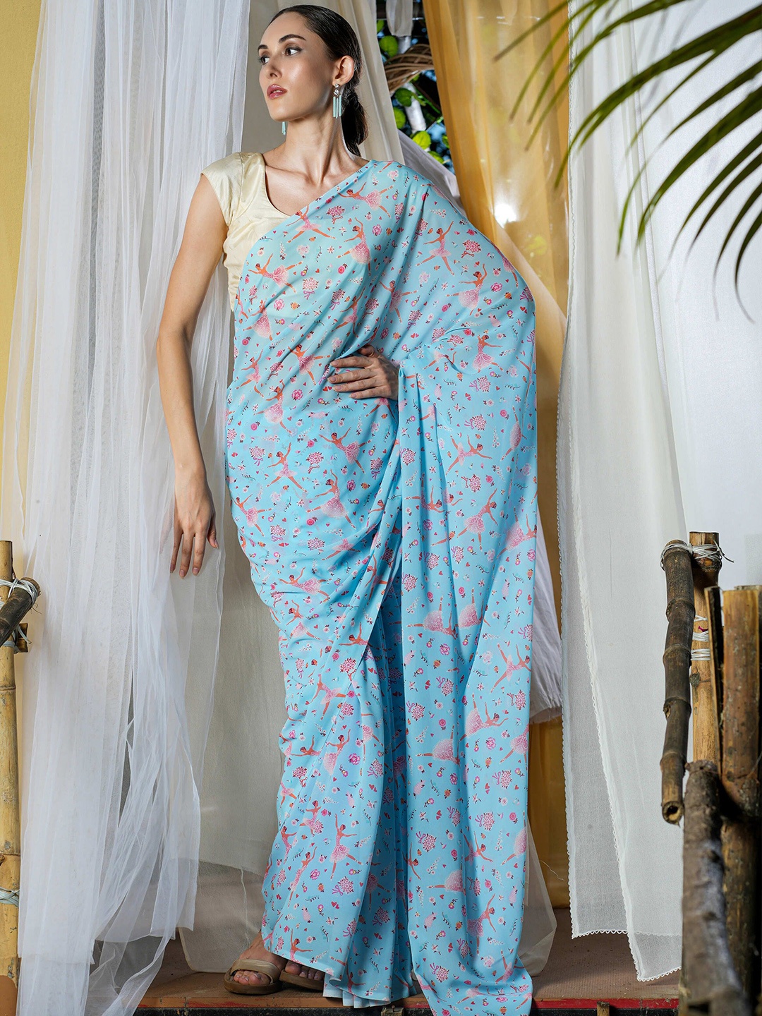 

IZU Pure Georgette Block Print Saree, Blue