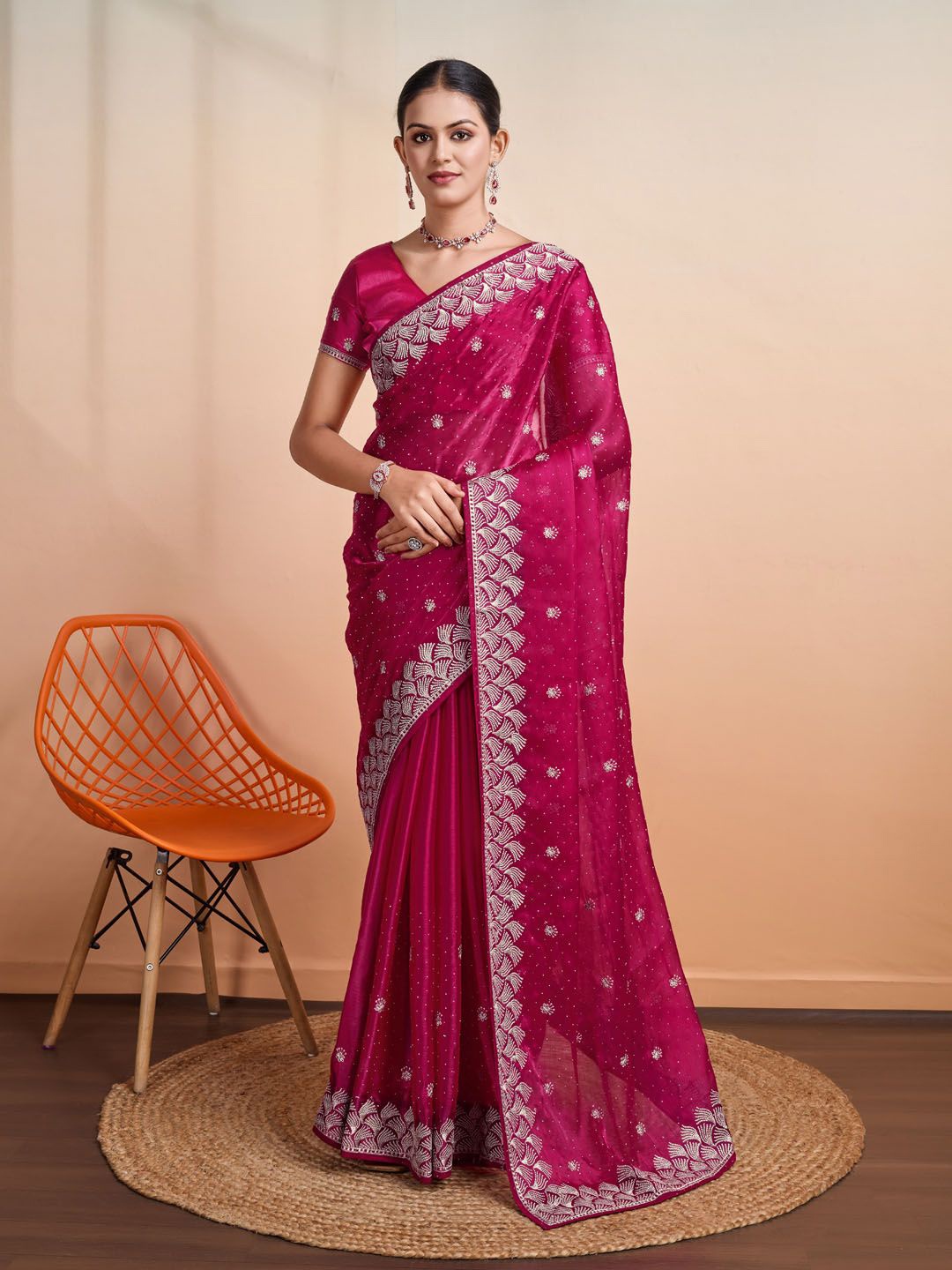 

Meena Bazaar Floral Embroidered Zari Organza Saree, Pink