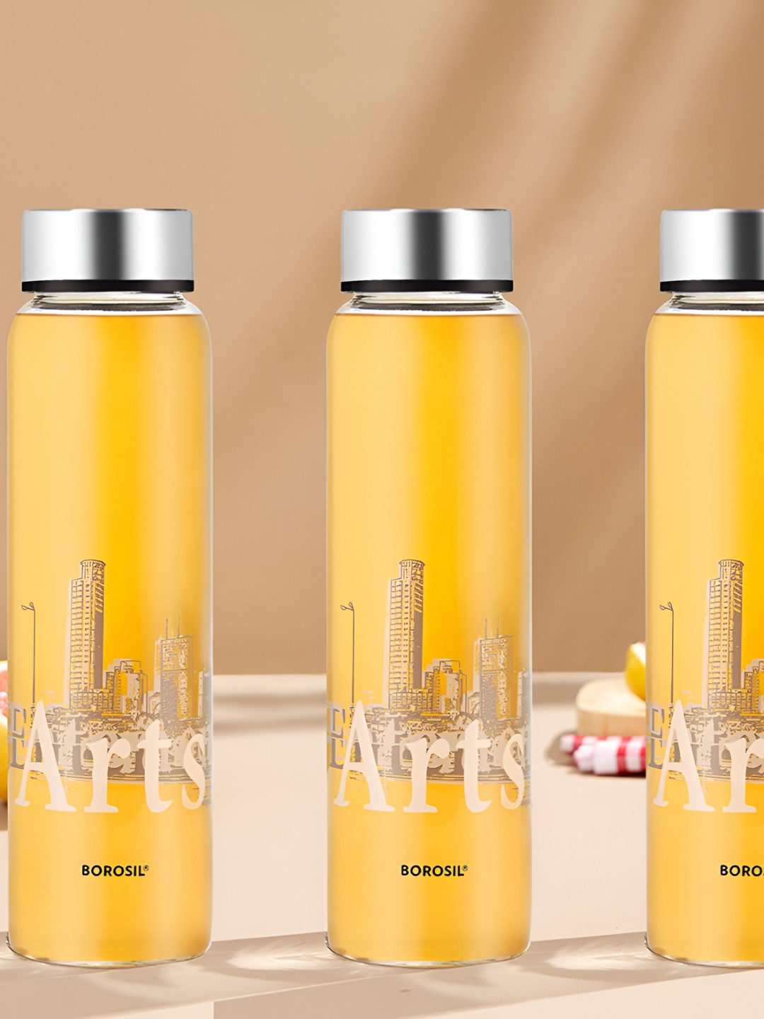 

BOROSIL Artisan Transparent & Silver-Toned 3 Pieces Glass Printed Water Bottle 1l