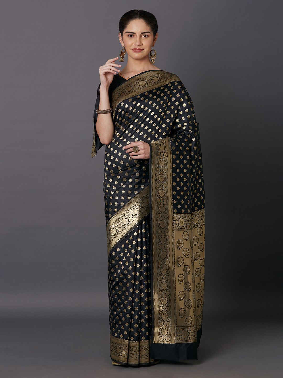 

LEAFFEB Woven Design Zari Pure Silk Banarasi Saree, Black