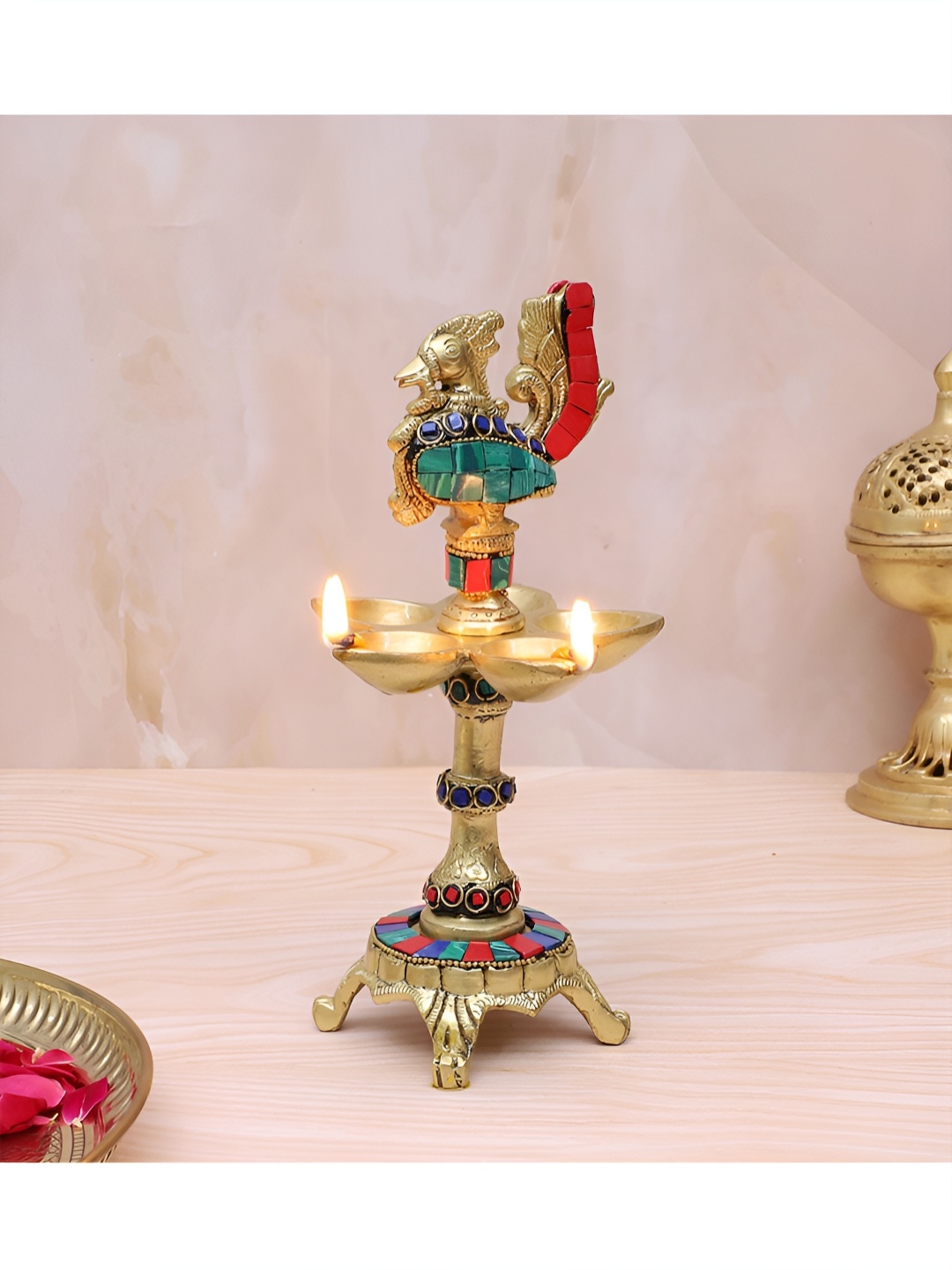 

Two Moustaches Red & Green Peacock Design Metal 5 Oil Wick Diya, Gold
