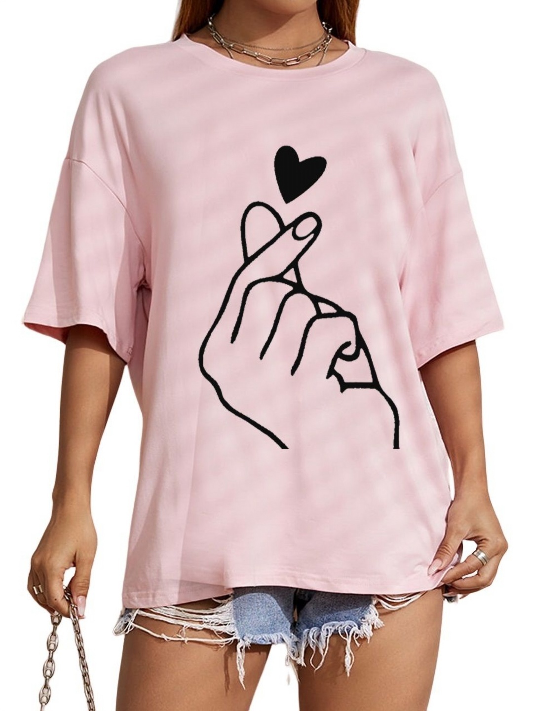 

TABADTOD Women Graphic Printed Drop Shoulder Sleeves Oversized T-shirt, Pink