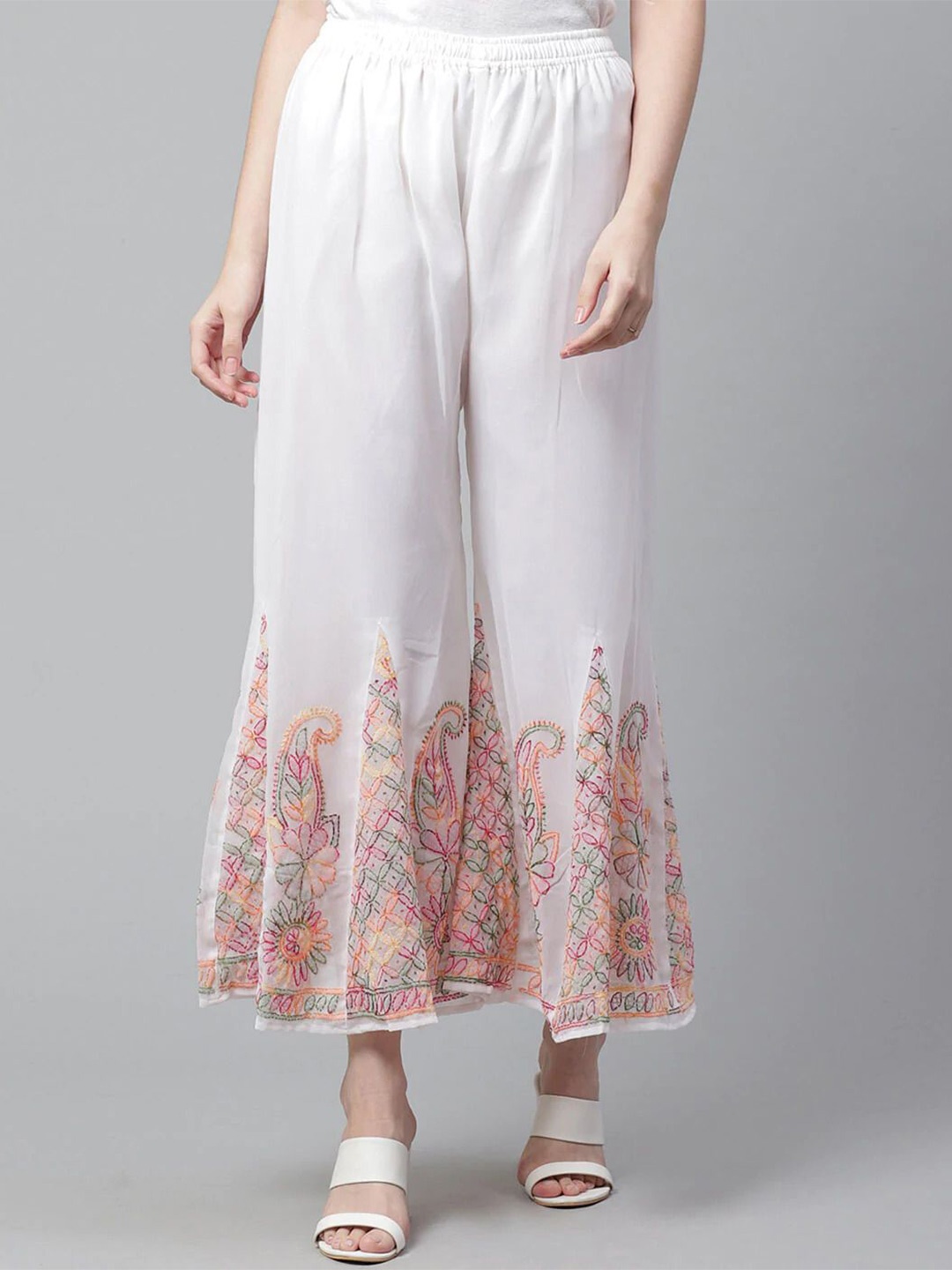 

KHAKA Women Paisley Embroidered Flared Palazzos, White