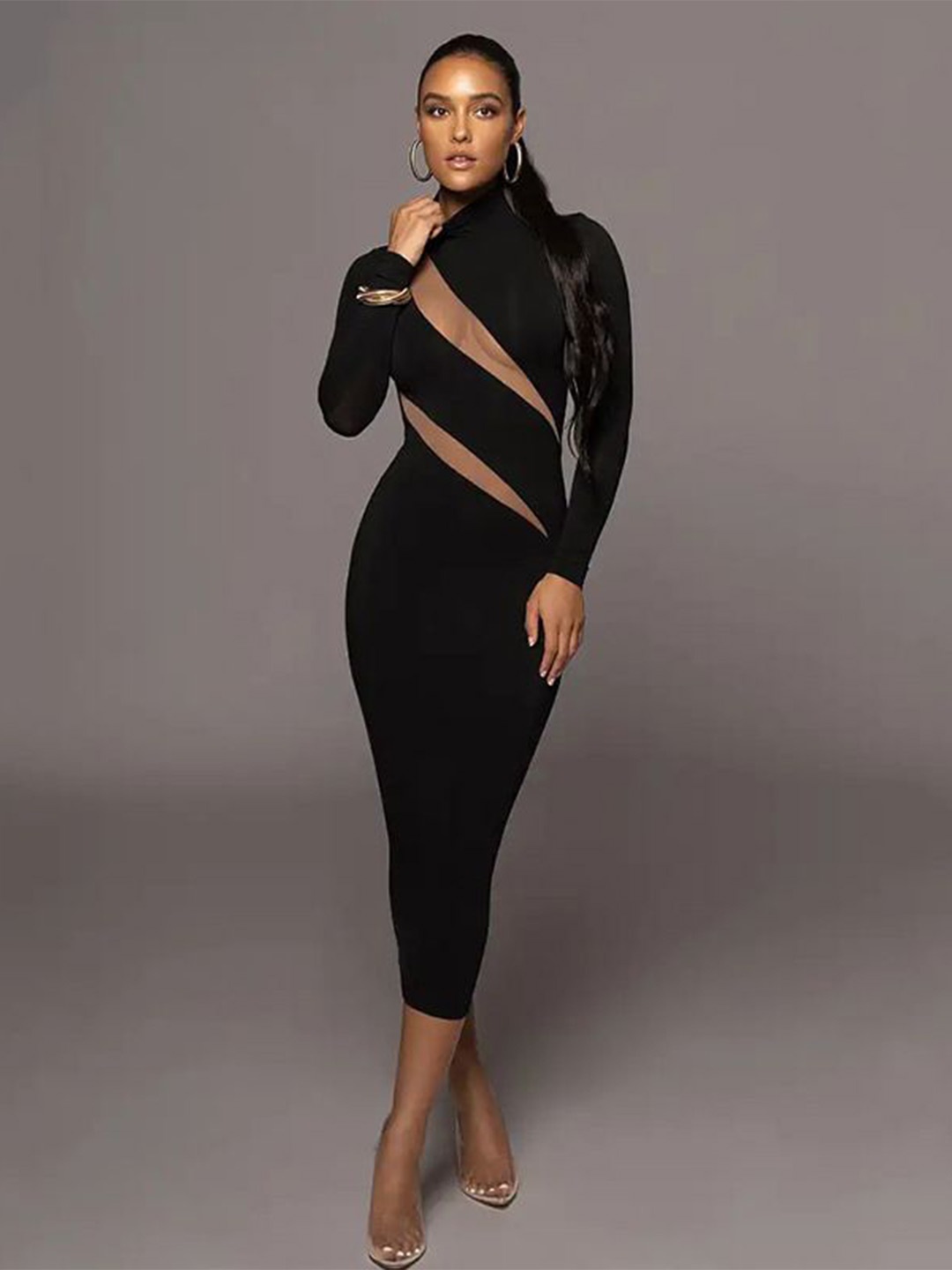 

MIAKEE Long Sleeves Cut-Outs Details Bodycon Maxi Dress, Black