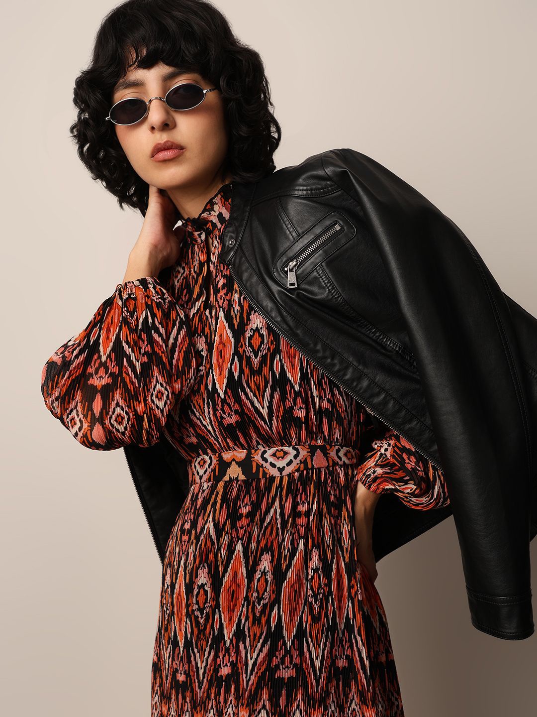 

ONLY Printed Keyhole Neck Puff Sleeve Belted A-Line Dress, Black