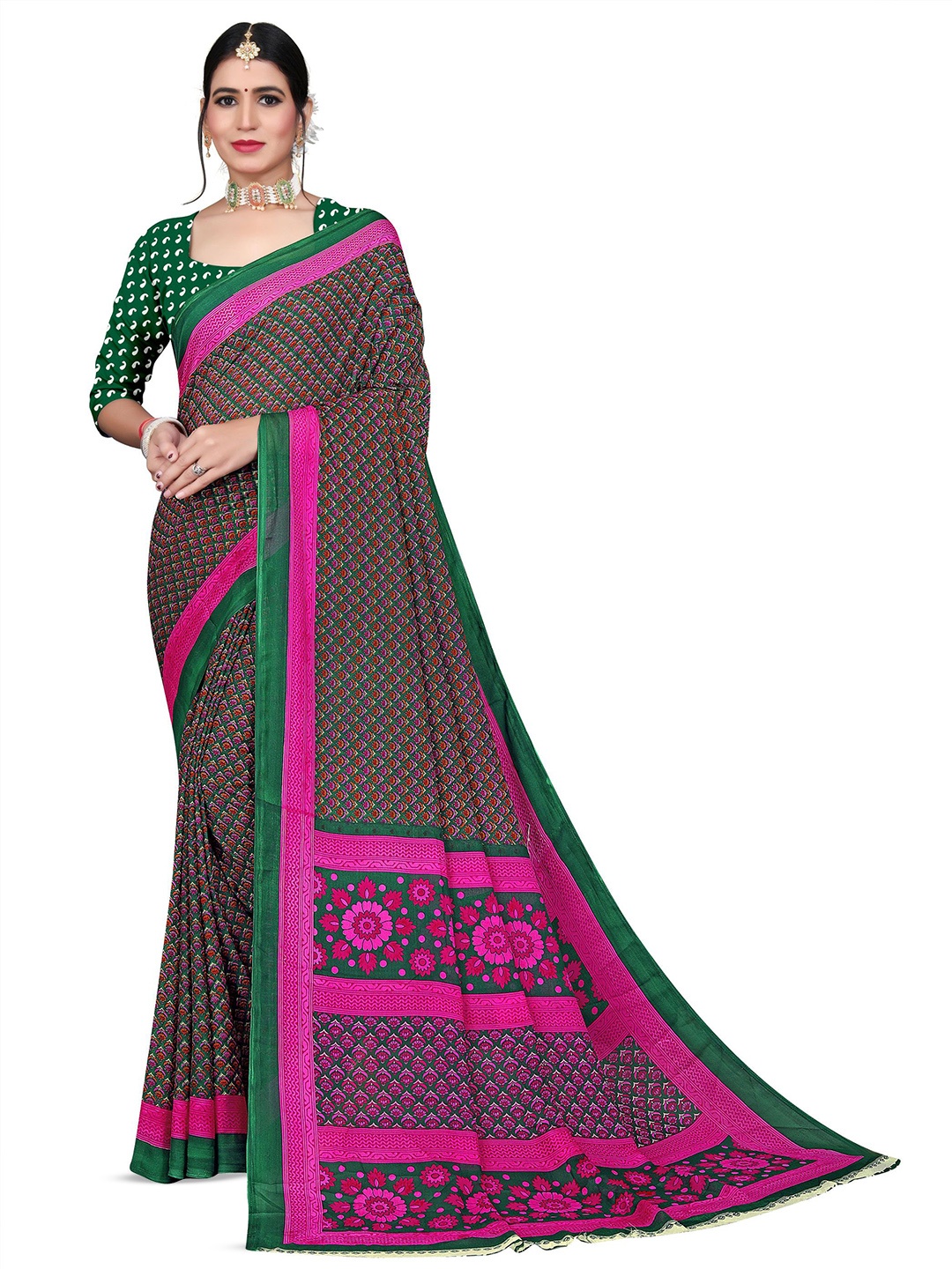 

RUNAYA NX Ethnic Motifs Pure Georgette Saree, Green