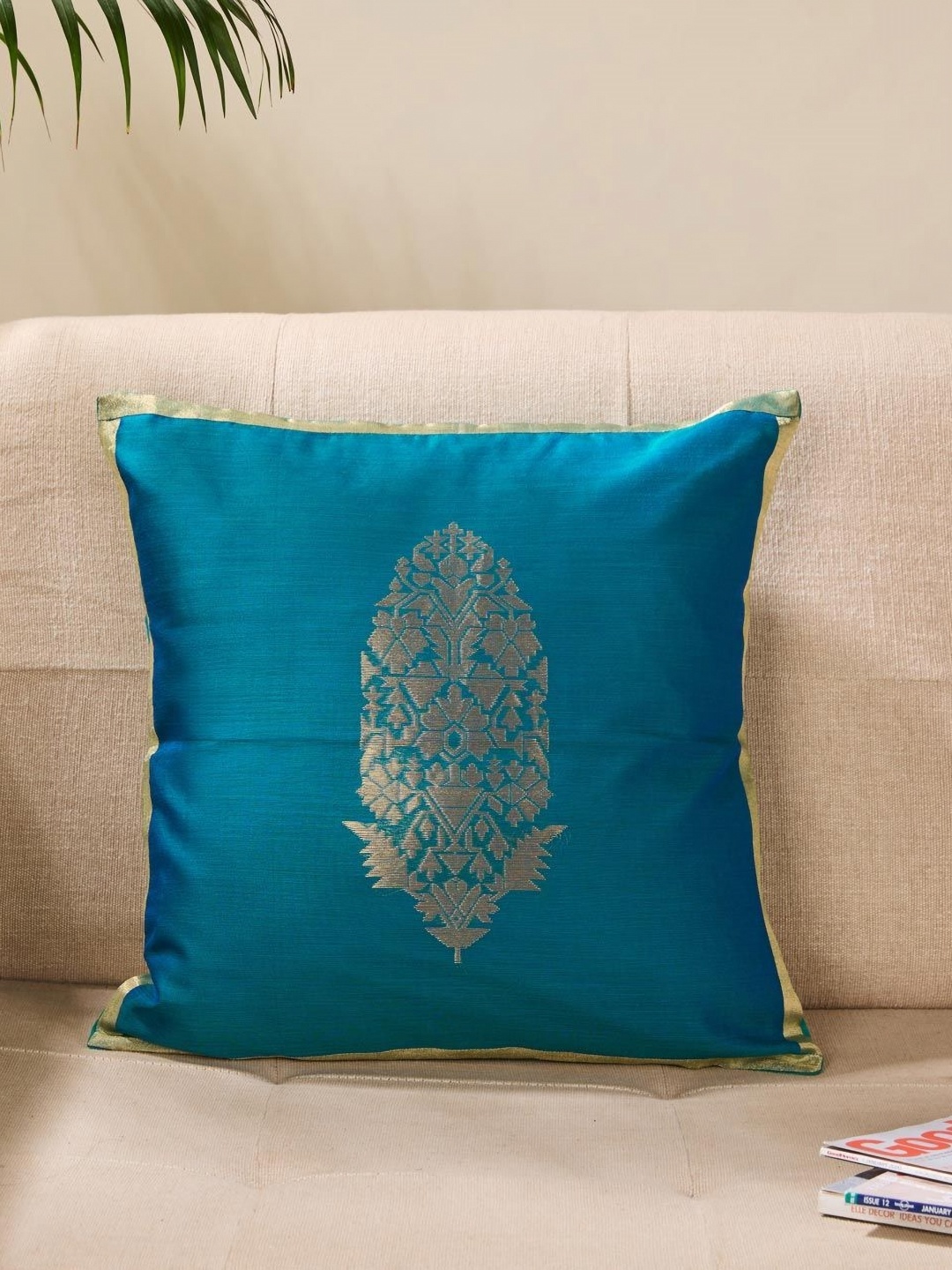 

Fabindia Teal Green & Gold-Toned Ethnic Motifs Cotton Silk Square Cushion Covers