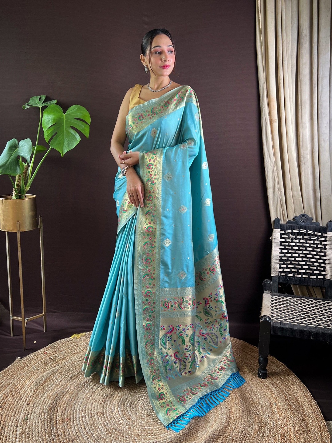 

LeeliPeeri Designer Ethnic Motif Zari Woven Paithani Saree, Turquoise blue
